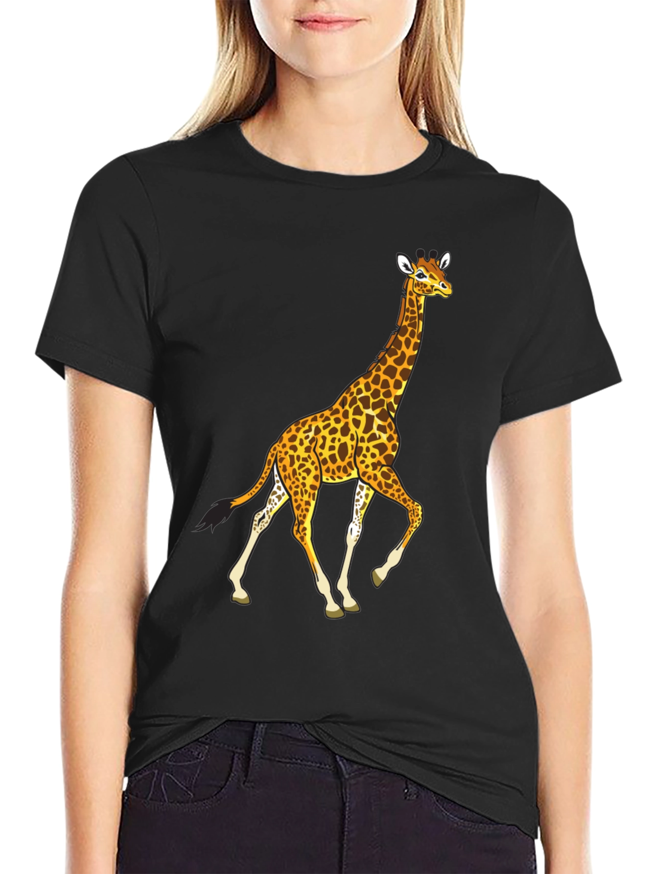Giraffe Graphic Tee - Black Cotton Casual Wear