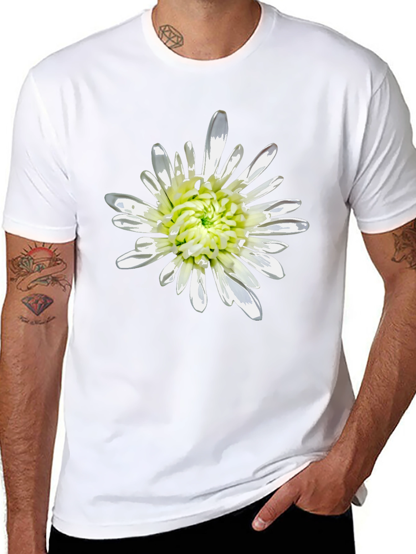 Black T-Shirt with White Flower Print