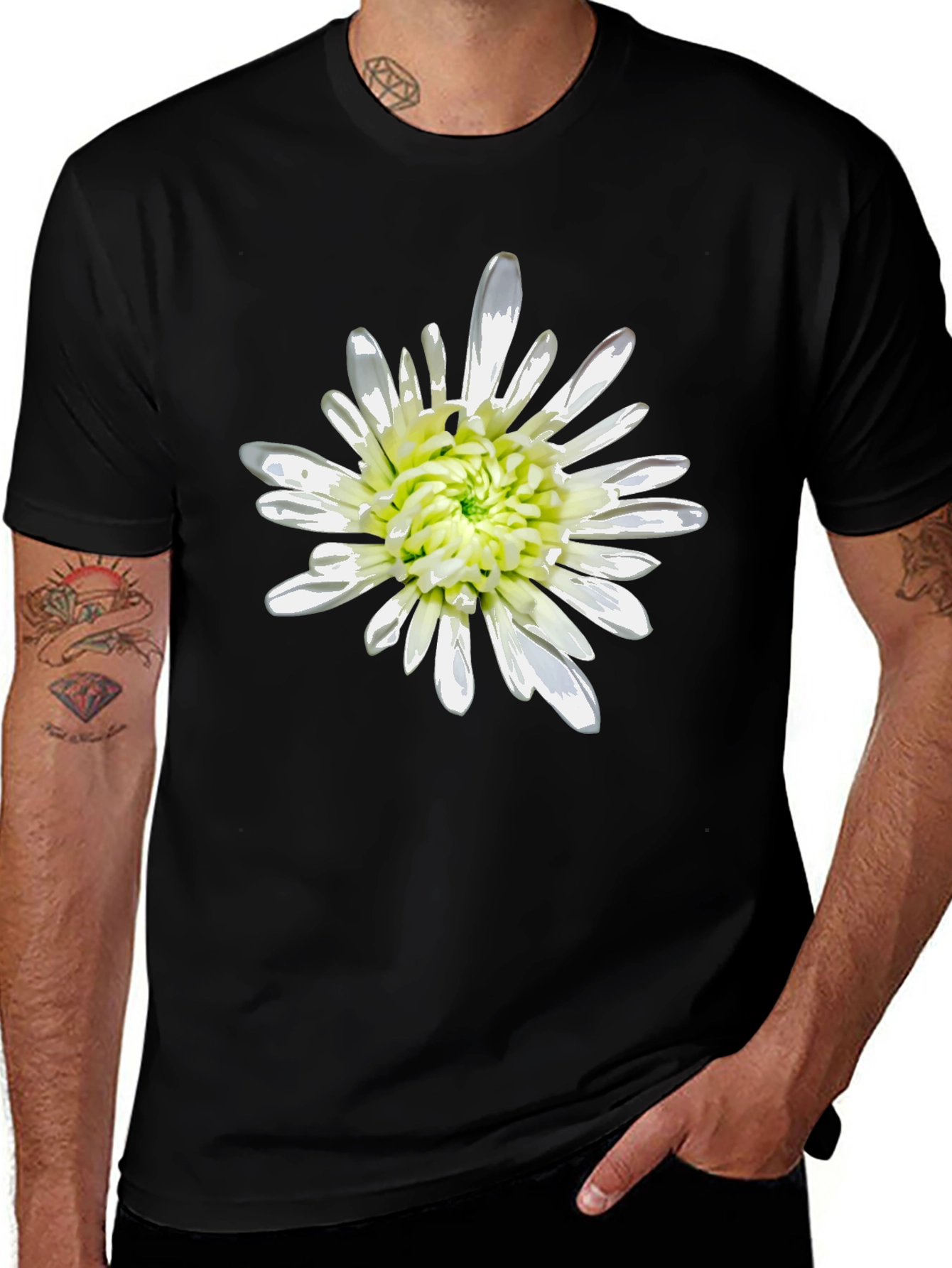 Black T-Shirt with White Flower Print