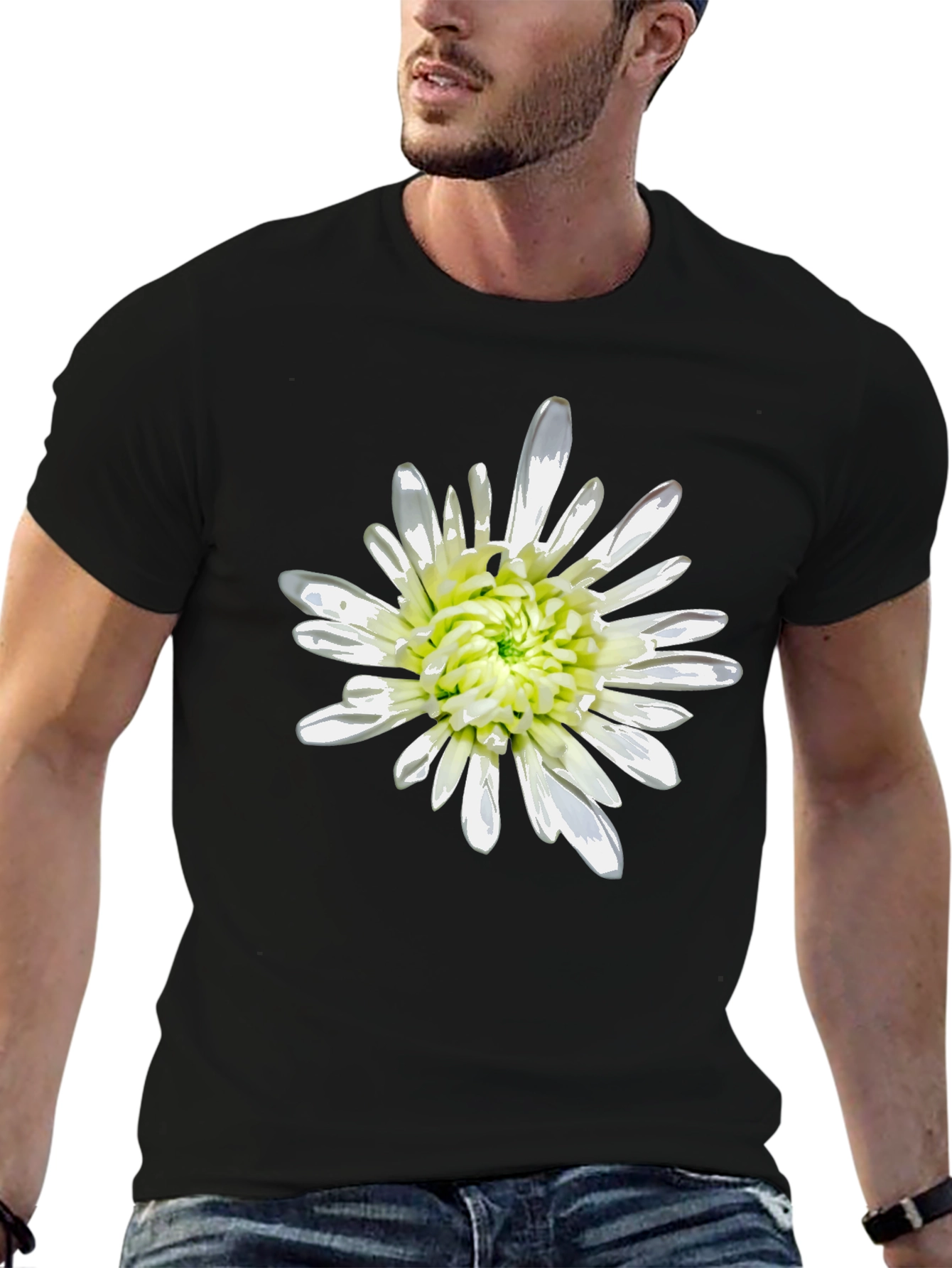 Black T-Shirt with White Flower Print