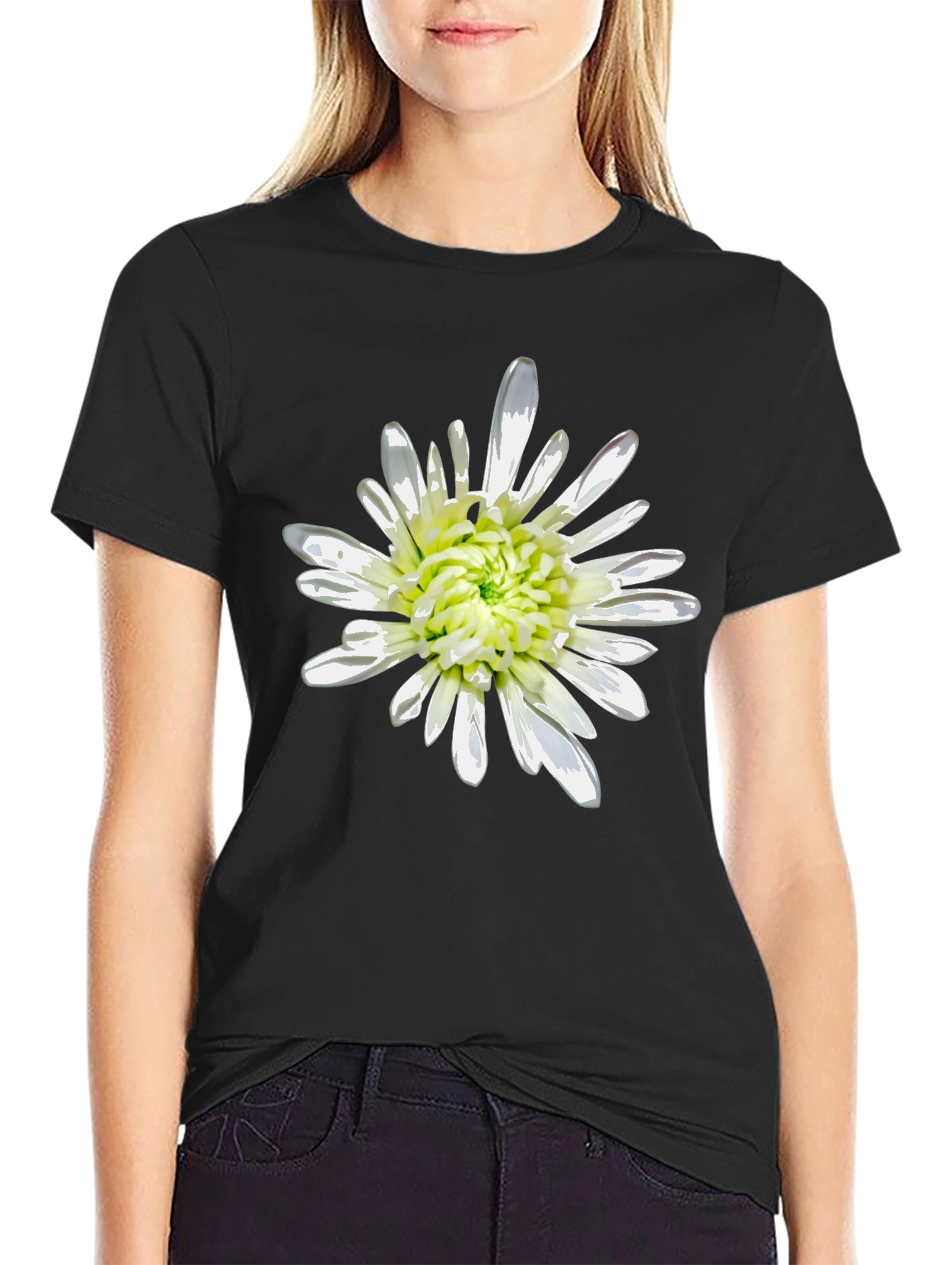 Black T-Shirt with White Flower Print
