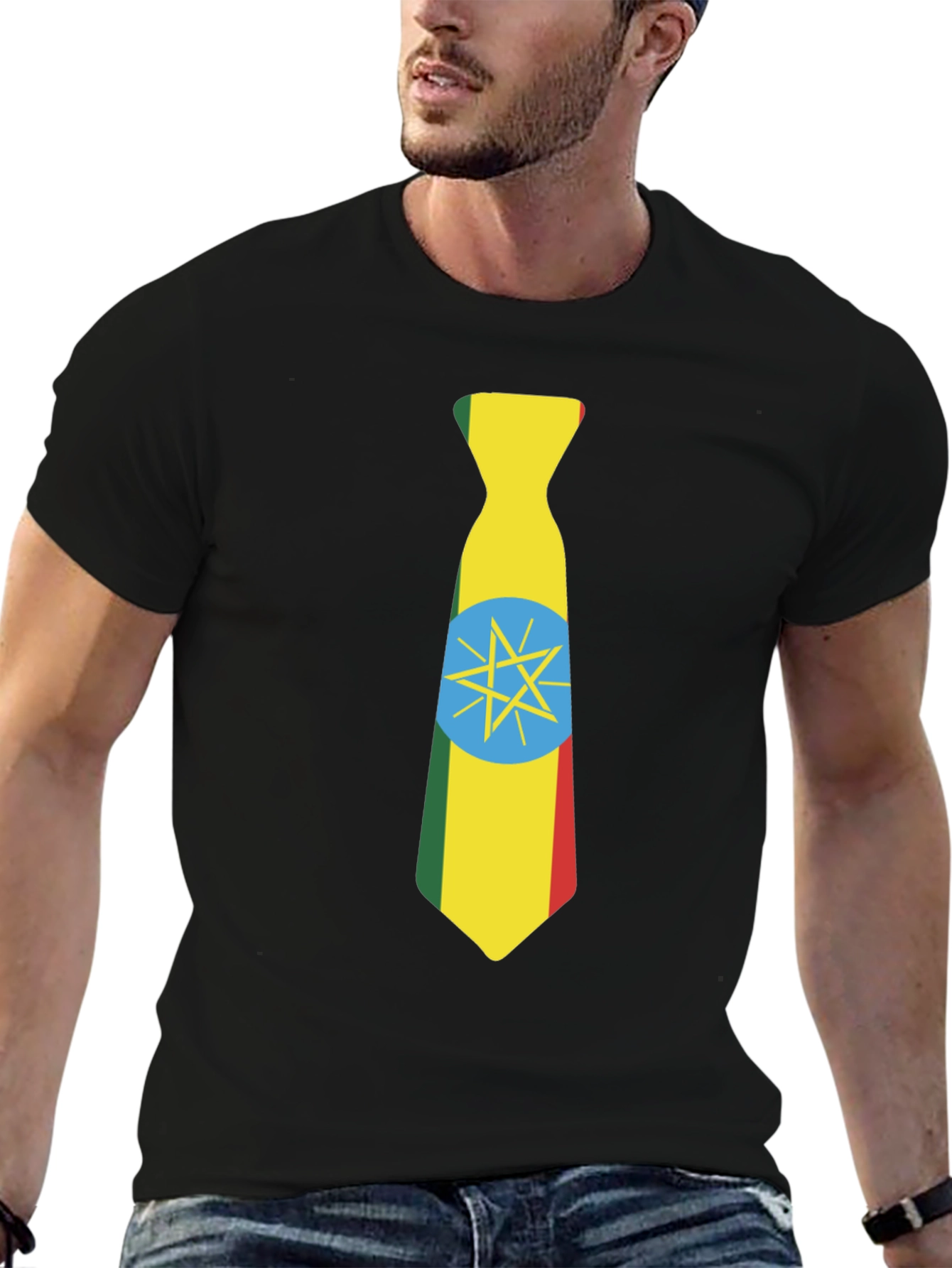 Ethiopian Flag Tie Graphic Tee - Black T-Shirt