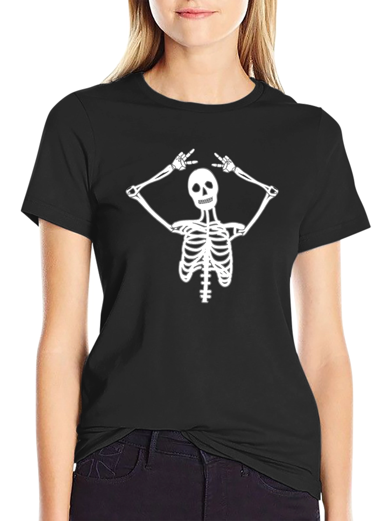 Skeleton Rock On Graphic Tee - Black Cotton T-Shirt