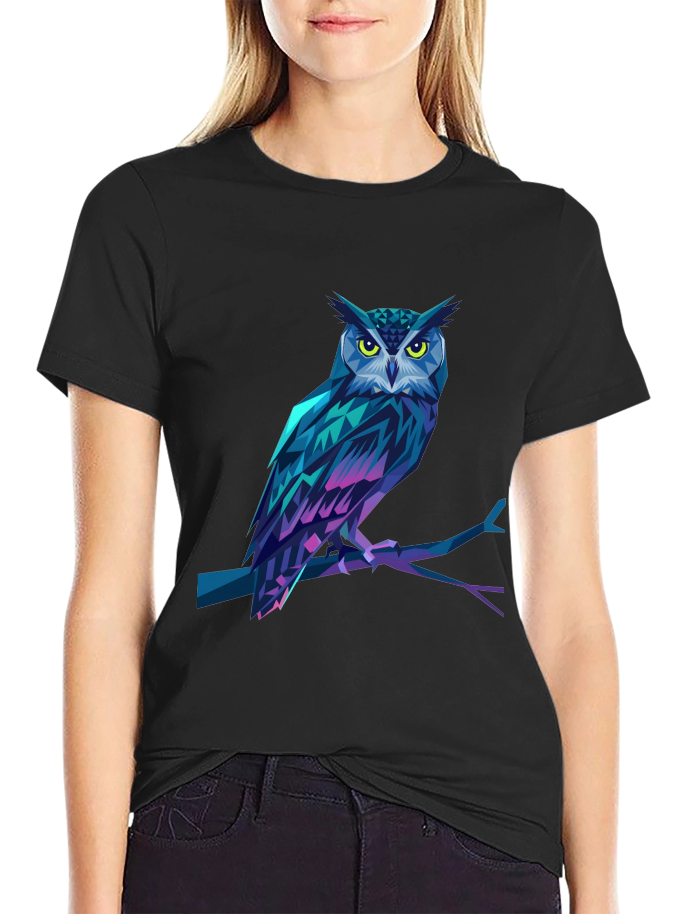 Geometric Owl Graphic Print Black T-Shirt