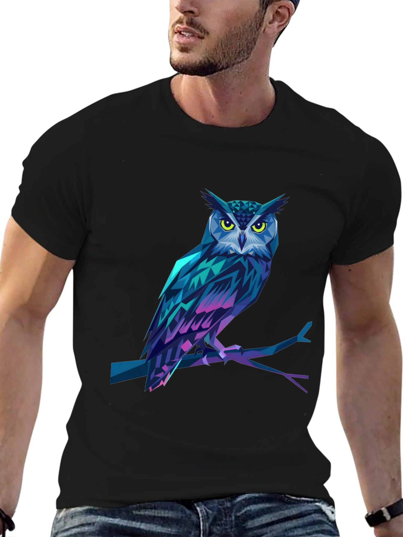 Geometric Owl Graphic Print Black T-Shirt