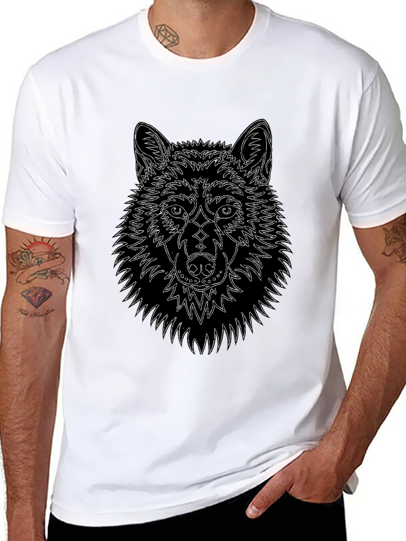 Wolf Line Art Black T-Shirt
