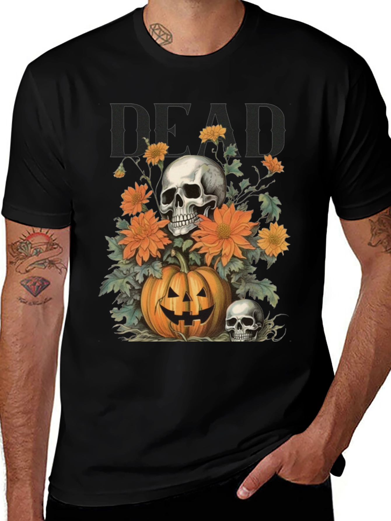 Halloween Skull Pumpkin Floral T-Shirt