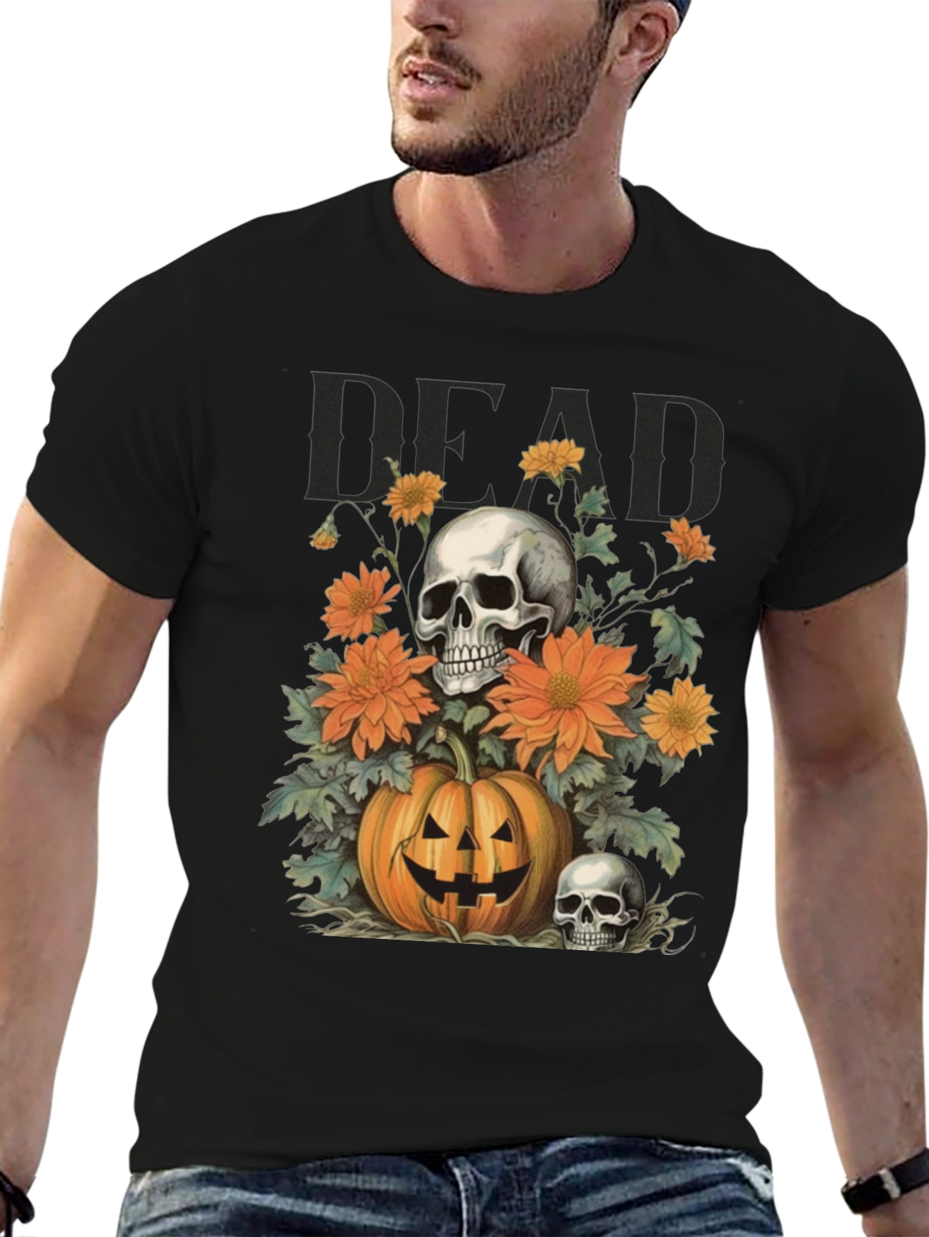 Halloween Skull Pumpkin Floral T-Shirt
