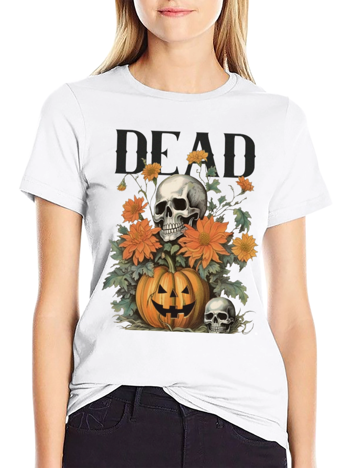 Halloween Skull Pumpkin Floral T-Shirt