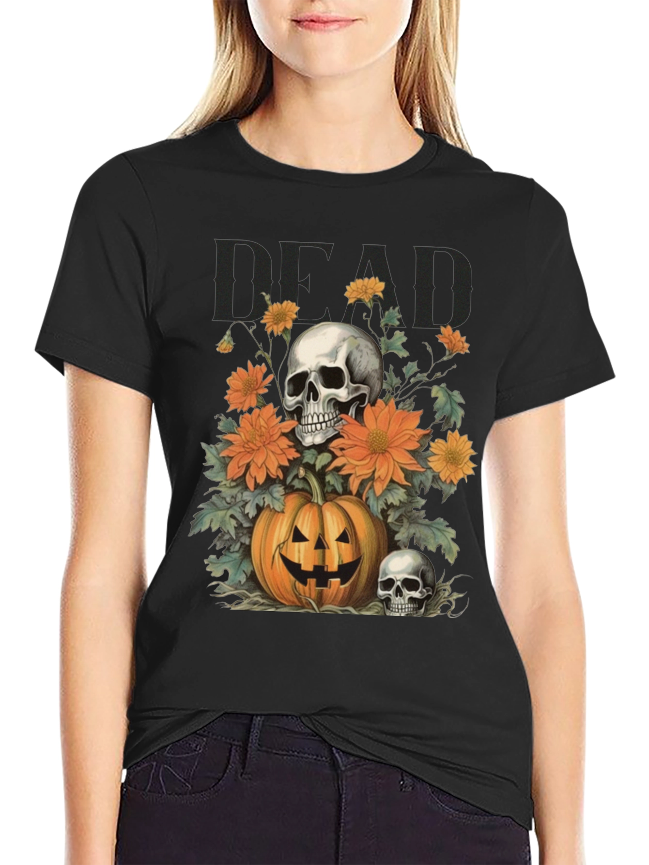 Halloween Skull Pumpkin Floral T-Shirt