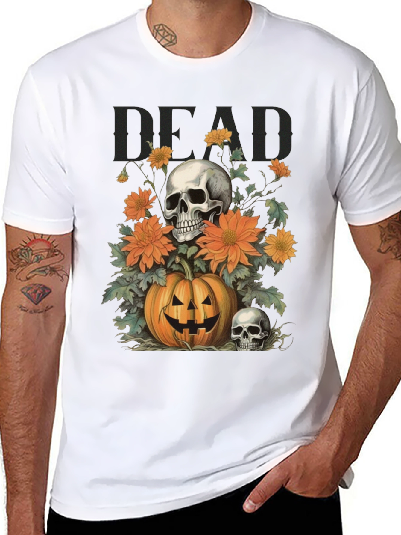 Halloween Skull Pumpkin Floral T-Shirt