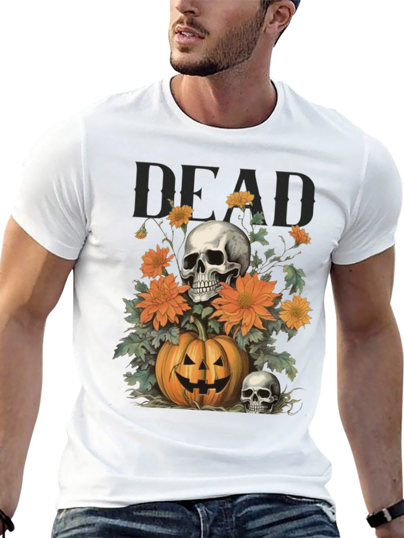 Halloween Skull Pumpkin Floral T-Shirt