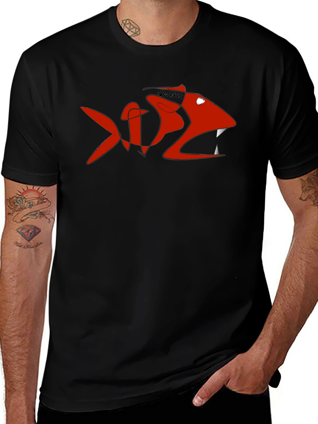 Mens Black Tee with Red Selfish Fish Design