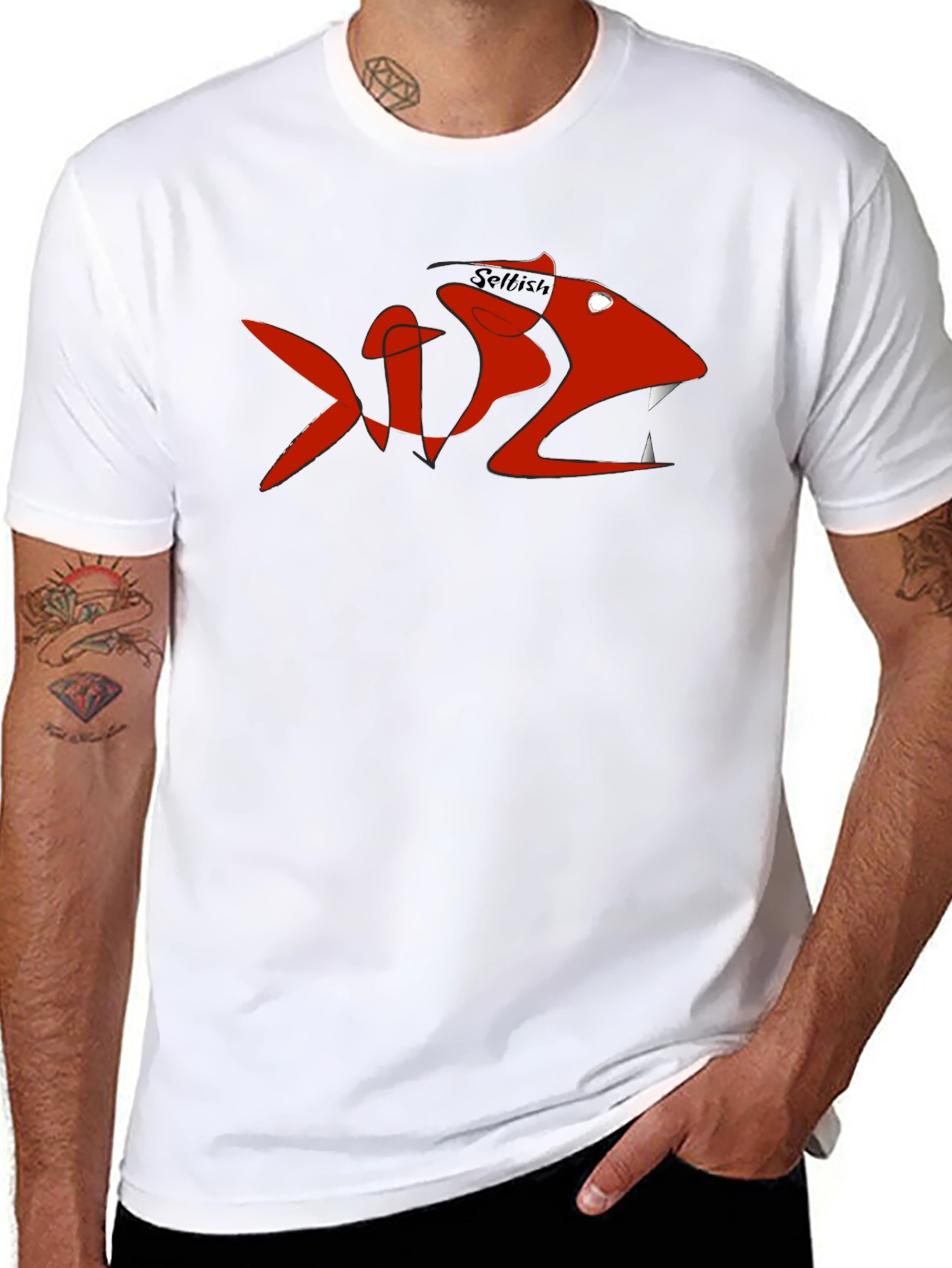 Mens Black Tee with Red Selfish Fish Design