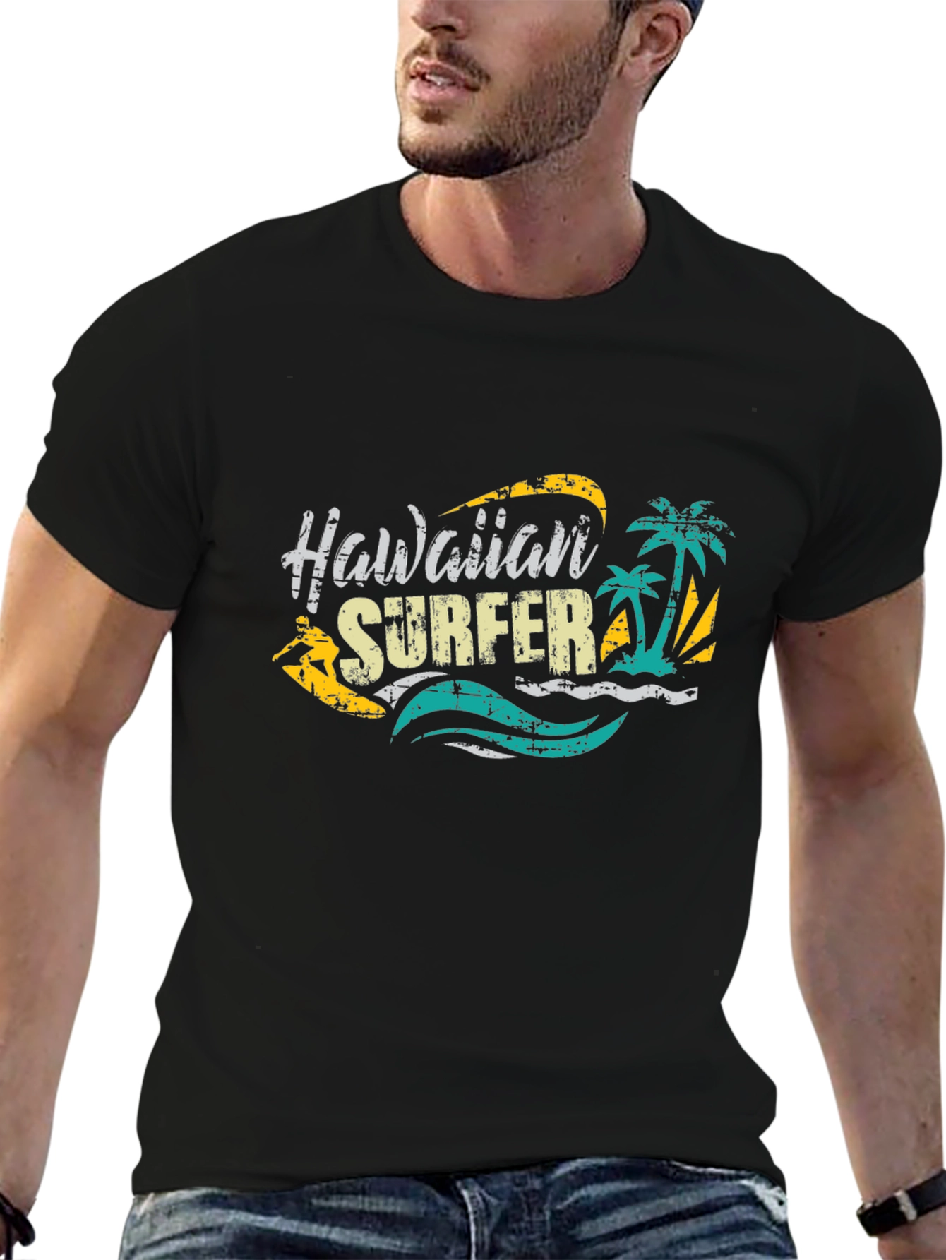 Hawaiian Surfer Graphic Black T-Shirt