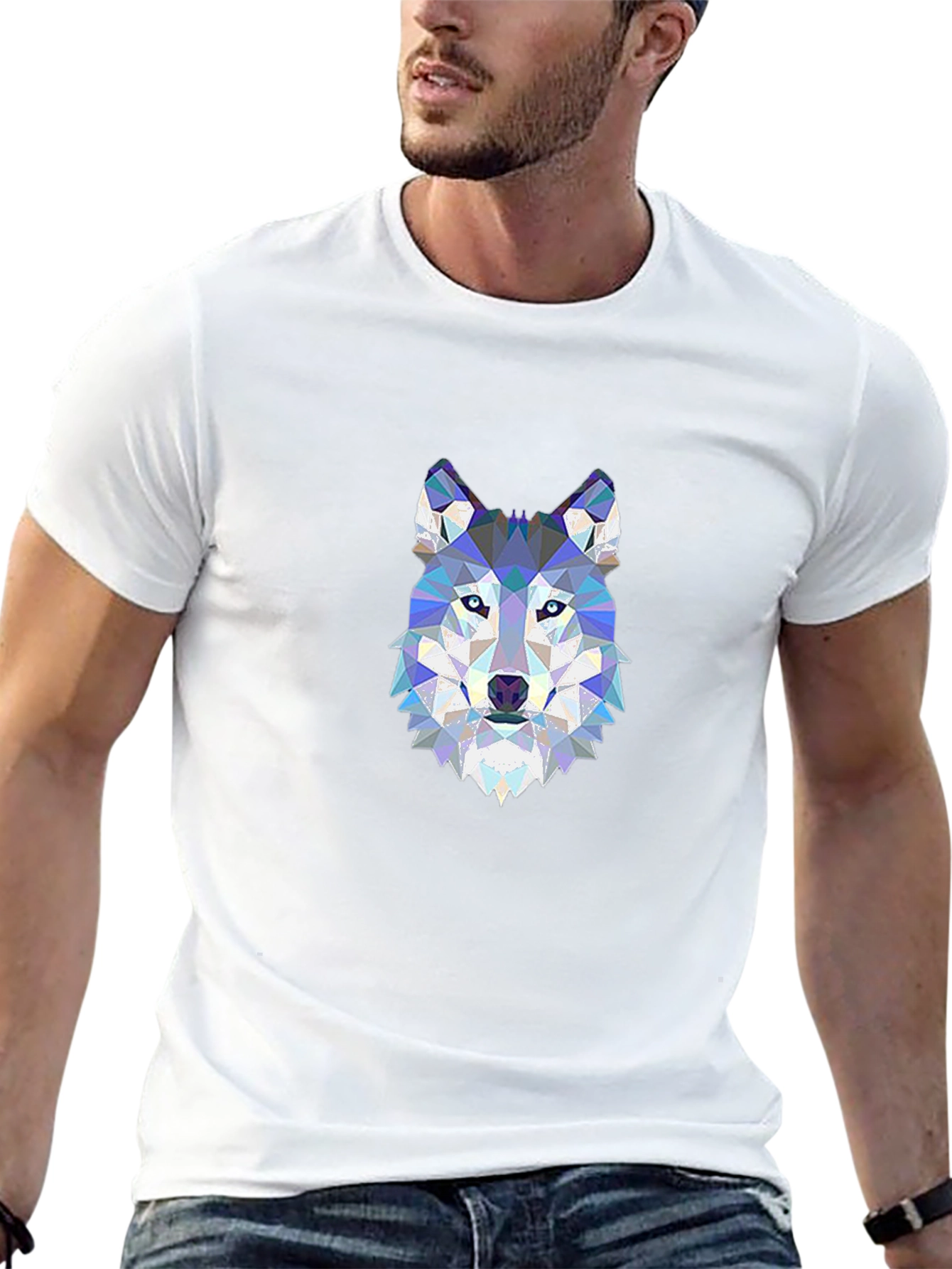 Geometric Wolf Head Print Black T-Shirt