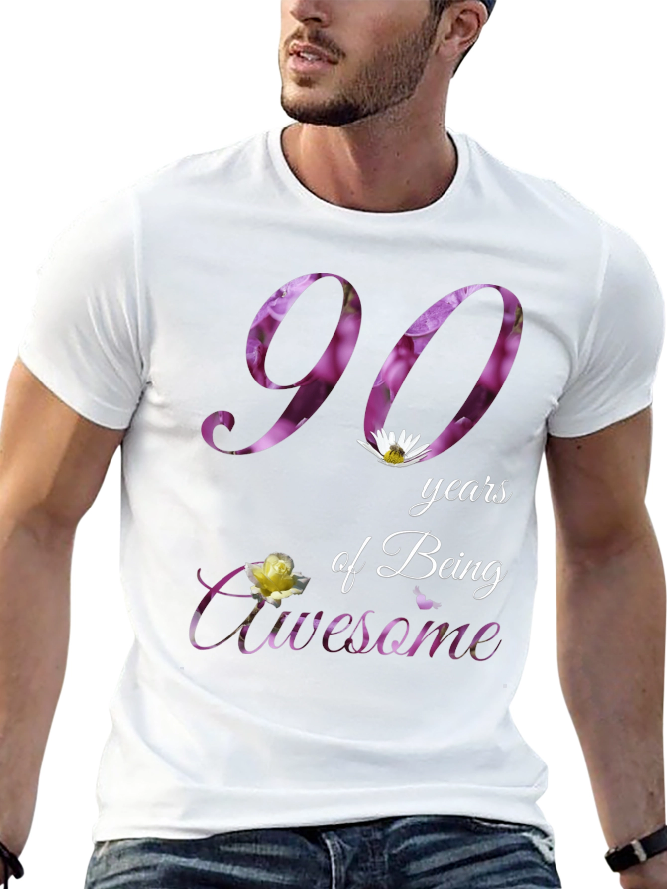 90 Years Awesome Floral Print T-Shirt