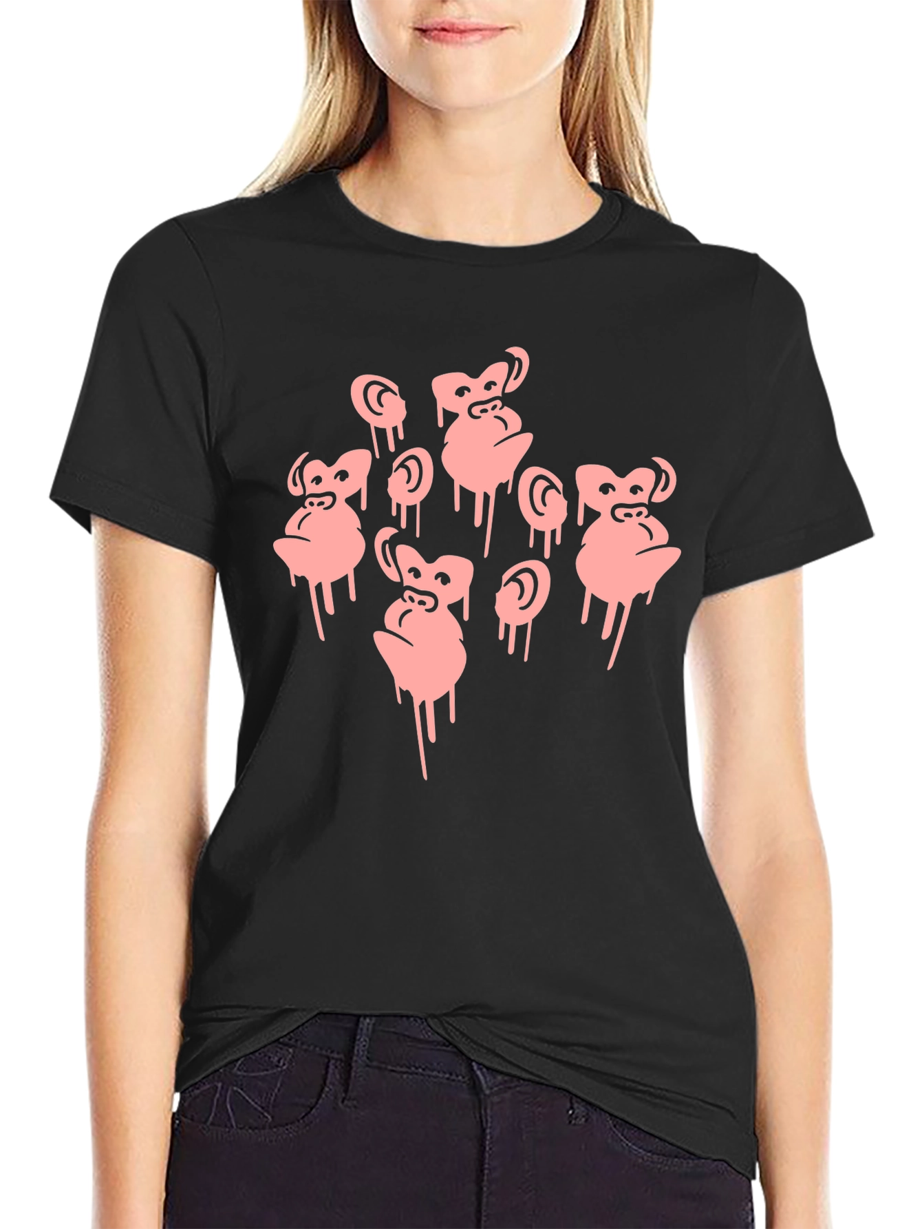 Monkey Faces Graphic Black T-Shirt