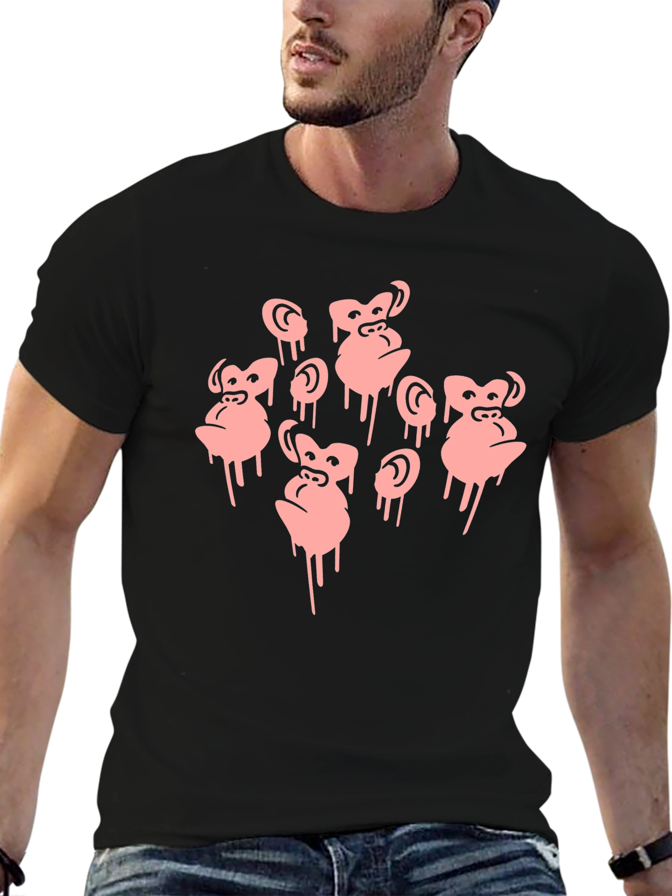 Monkey Faces Graphic Black T-Shirt
