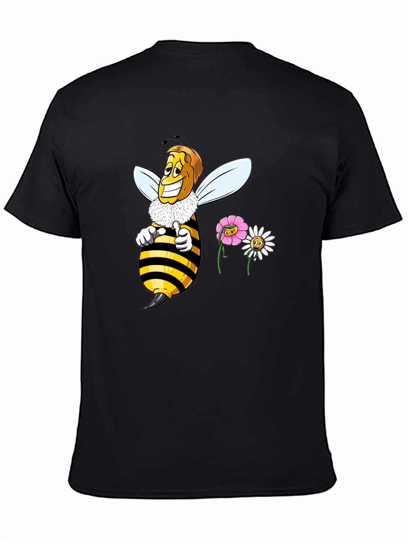 Funny Bee & Flowers Graphic Black T-Shirt