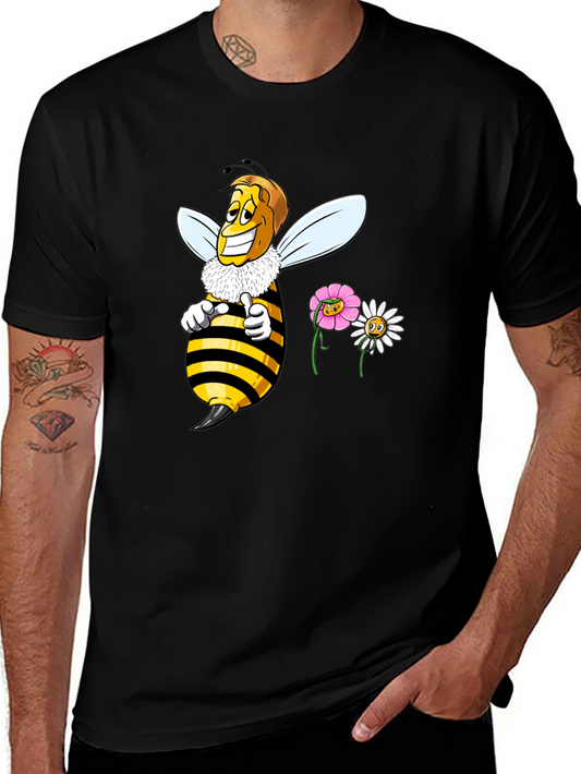 Funny Bee & Flowers Graphic Black T-Shirt
