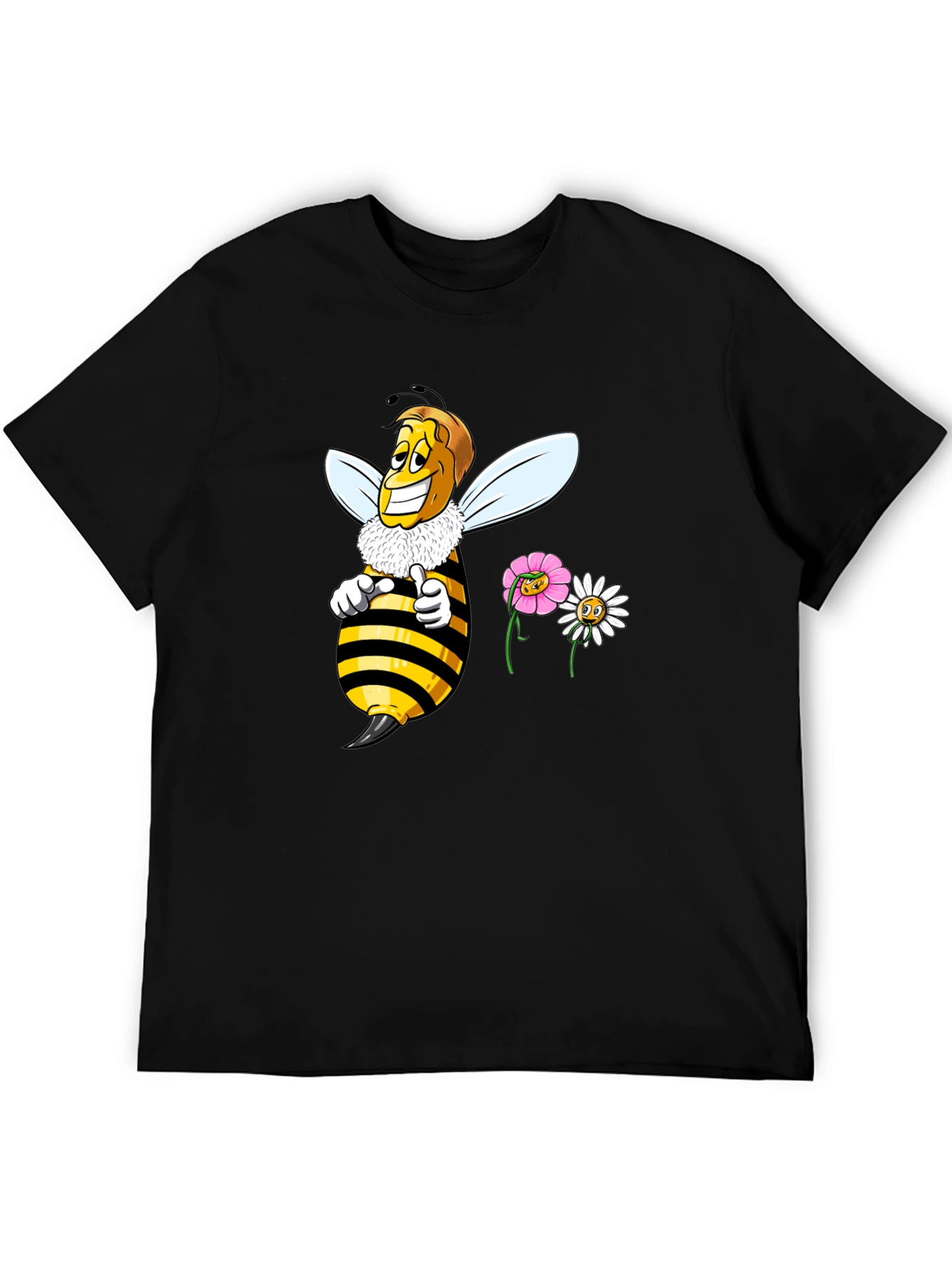 Funny Bee & Flowers Graphic Black T-Shirt
