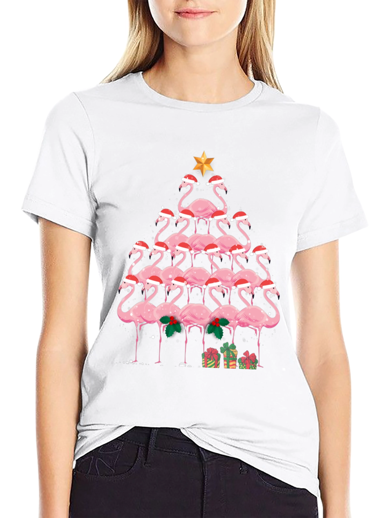 Festive Flamingo Christmas Tree Graphic Tee