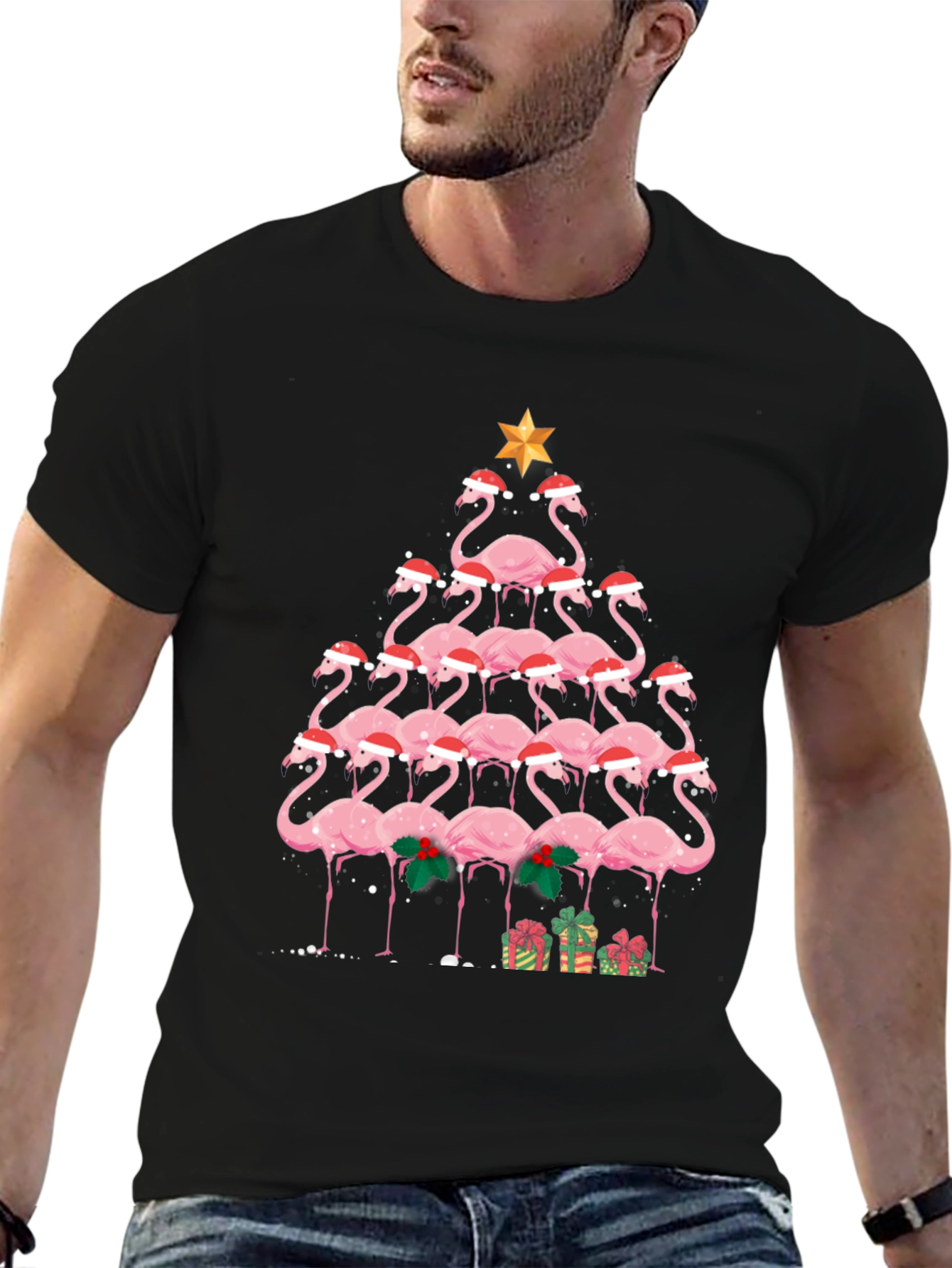Festive Flamingo Christmas Tree Graphic Tee