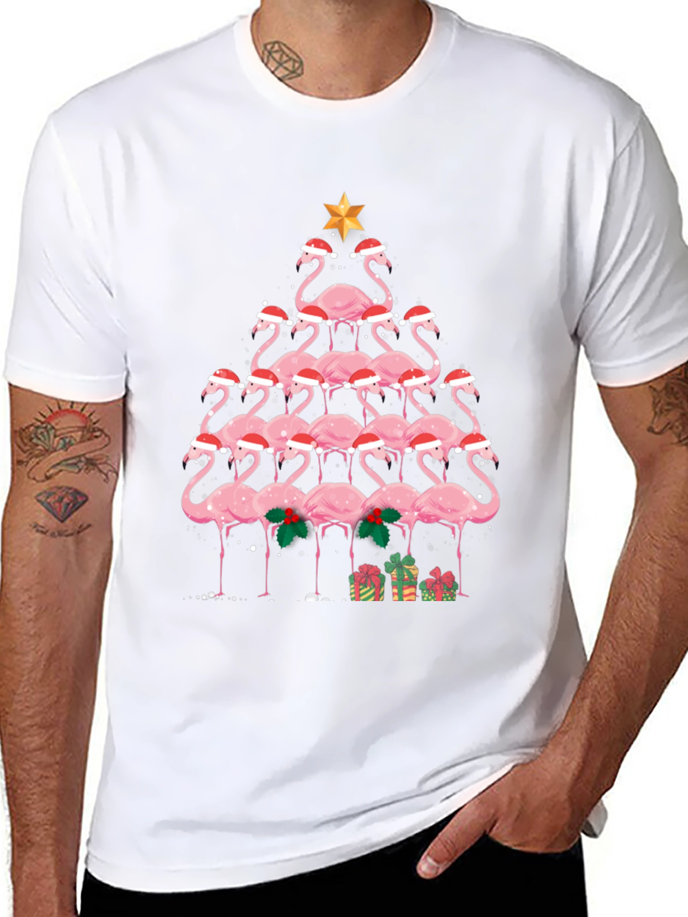 Festive Flamingo Christmas Tree Graphic Tee