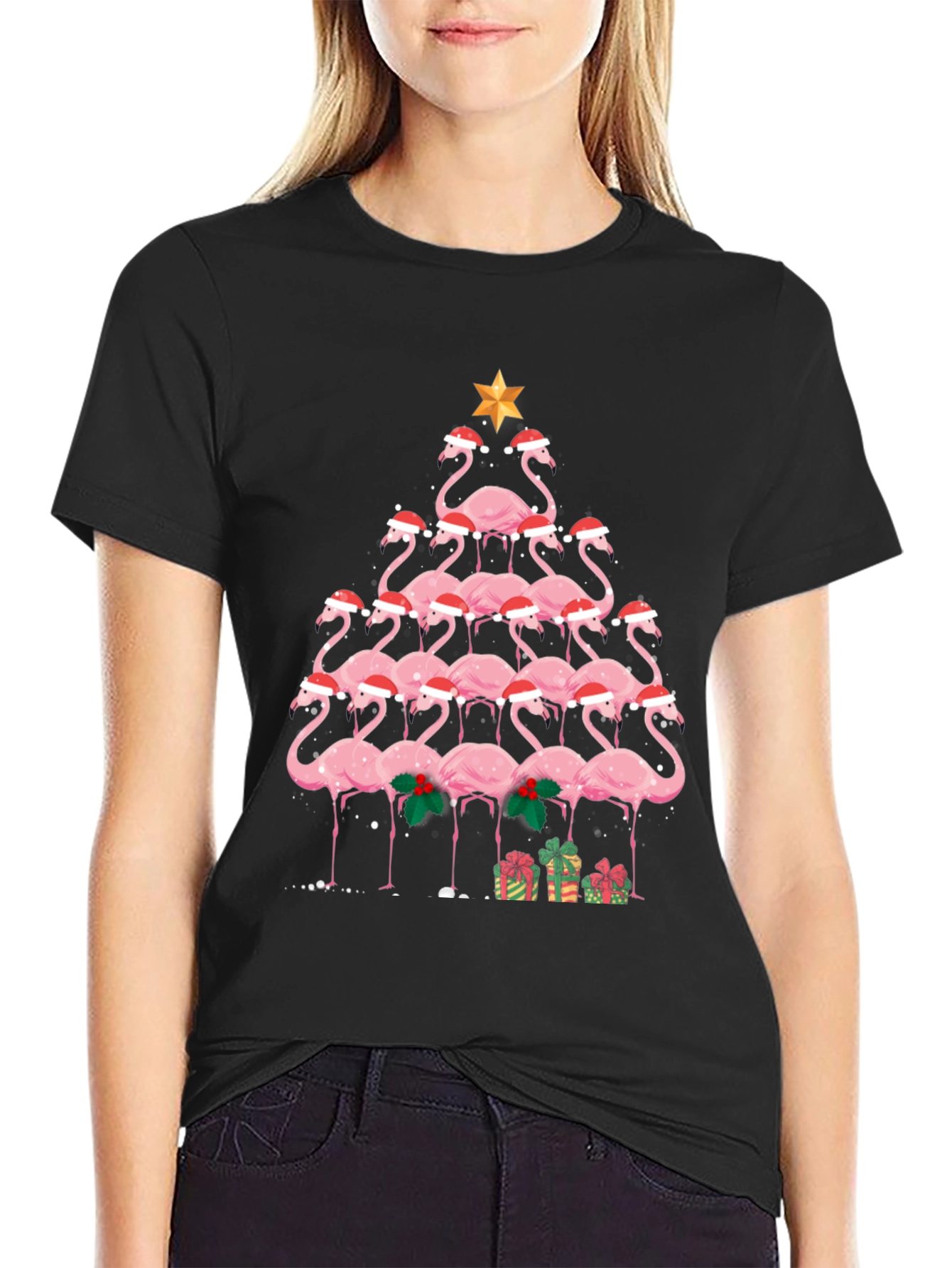 Festive Flamingo Christmas Tree Graphic Tee