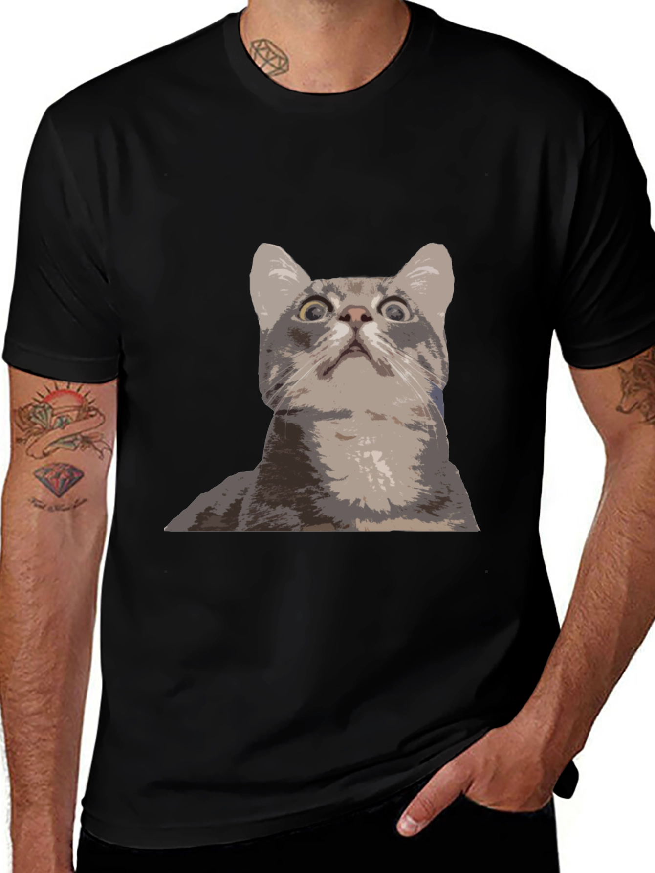 Funny Cat Graphic Tee - Black Cotton T-Shirt