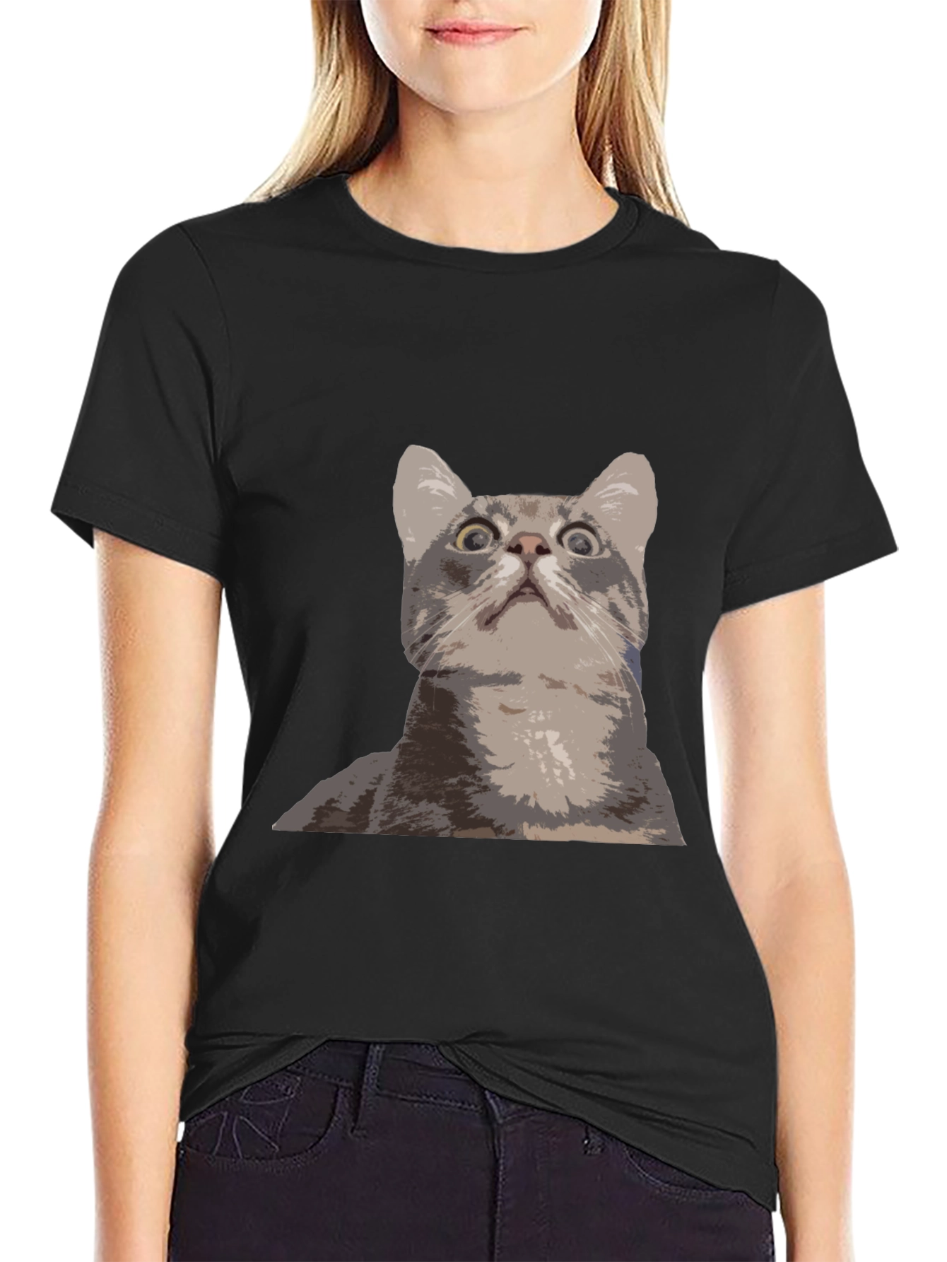 Funny Cat Graphic Tee - Black Cotton T-Shirt