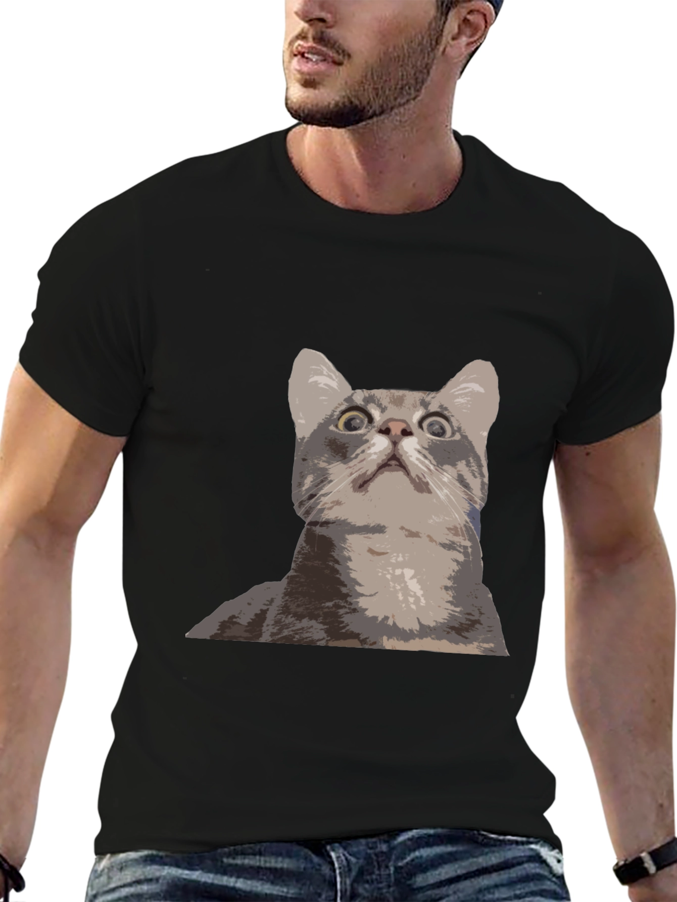 Funny Cat Graphic Tee - Black Cotton T-Shirt