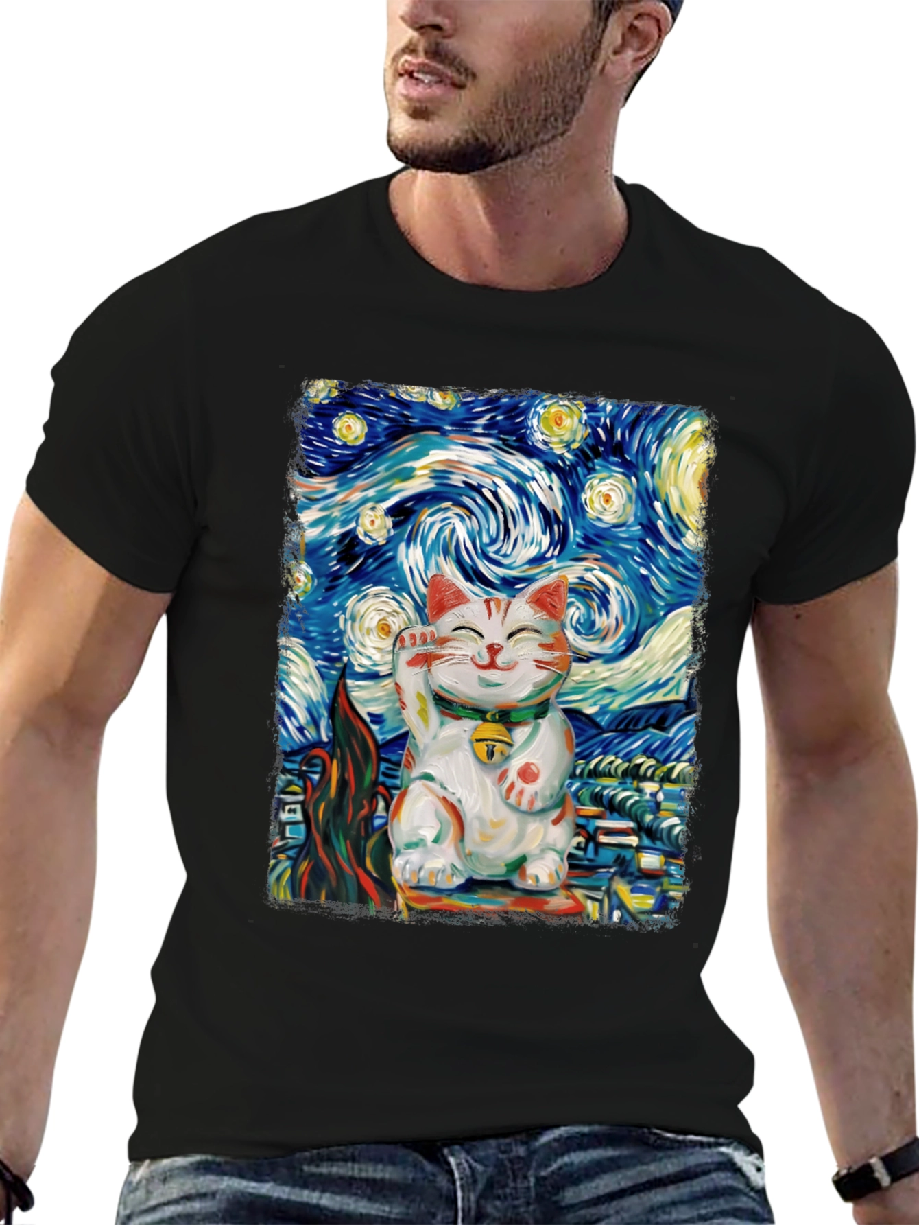 Starry Cat T-Shirt - Lucky Cat Van Gogh Art