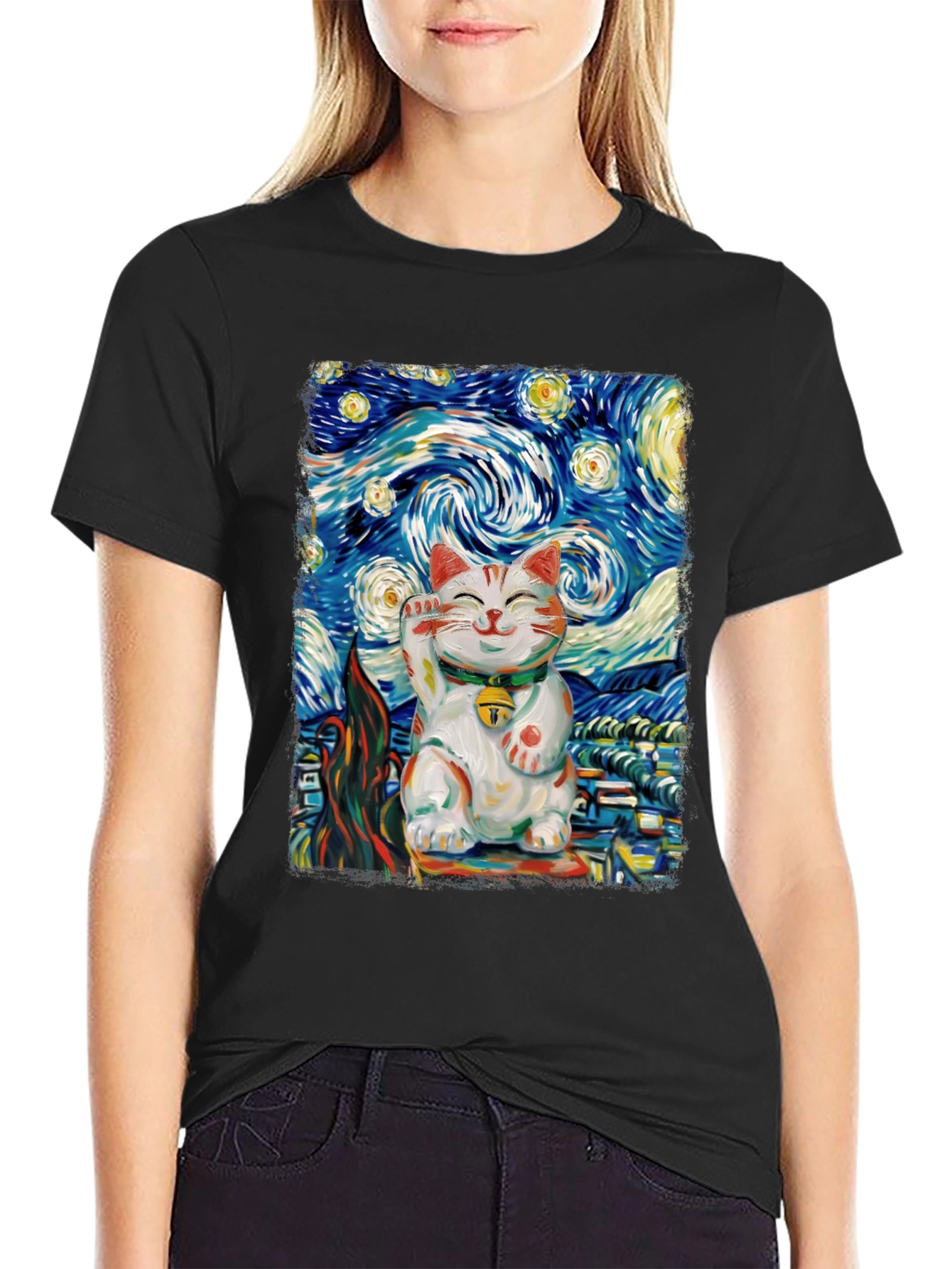 Starry Cat T-Shirt - Lucky Cat Van Gogh Art