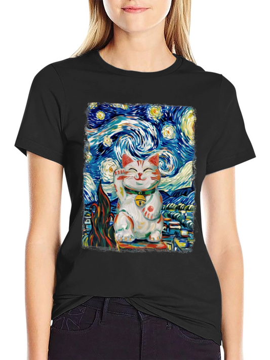 Starry Cat T-Shirt - Lucky Cat Van Gogh Art