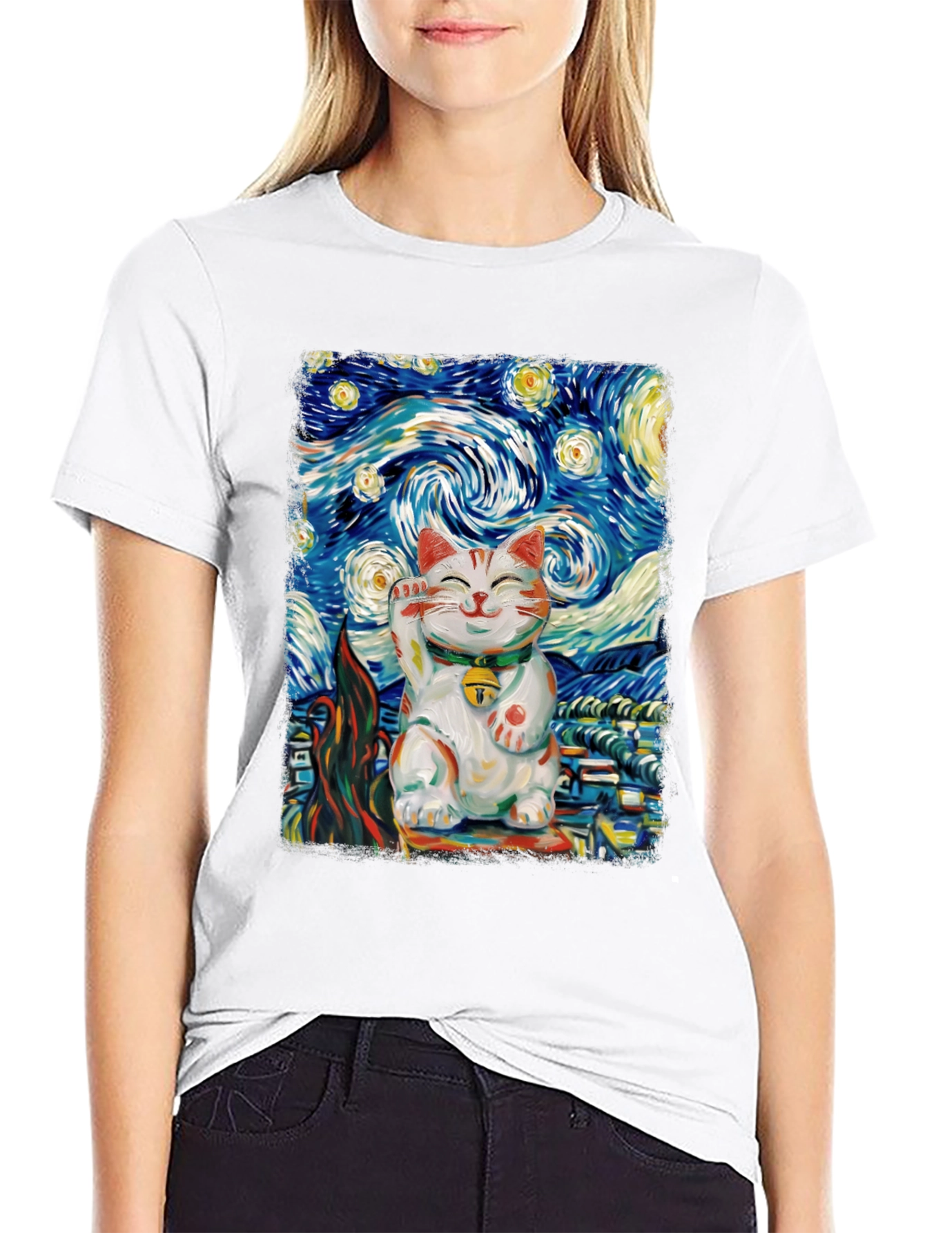 Starry Cat T-Shirt - Lucky Cat Van Gogh Art