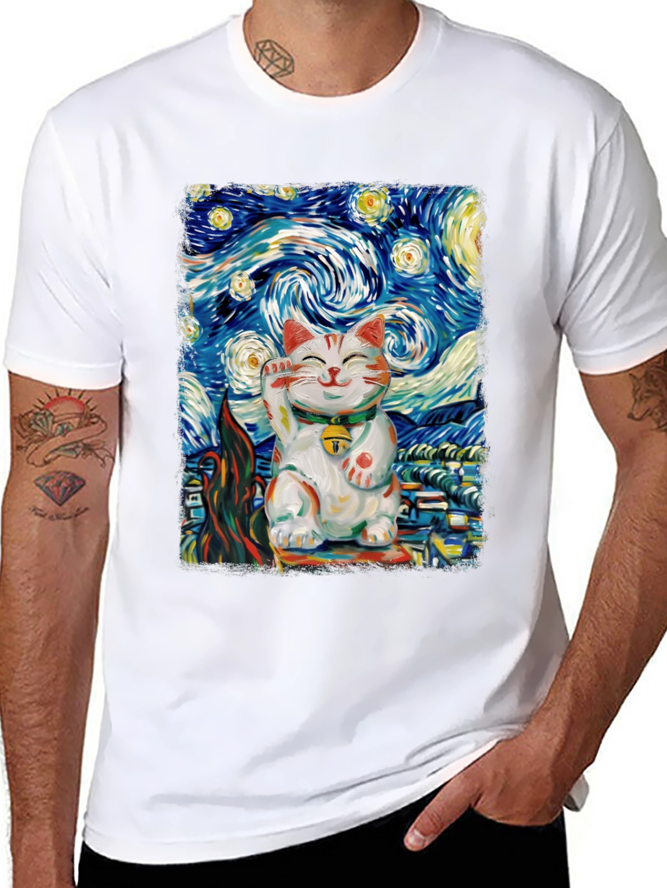 Starry Cat T-Shirt - Lucky Cat Van Gogh Art