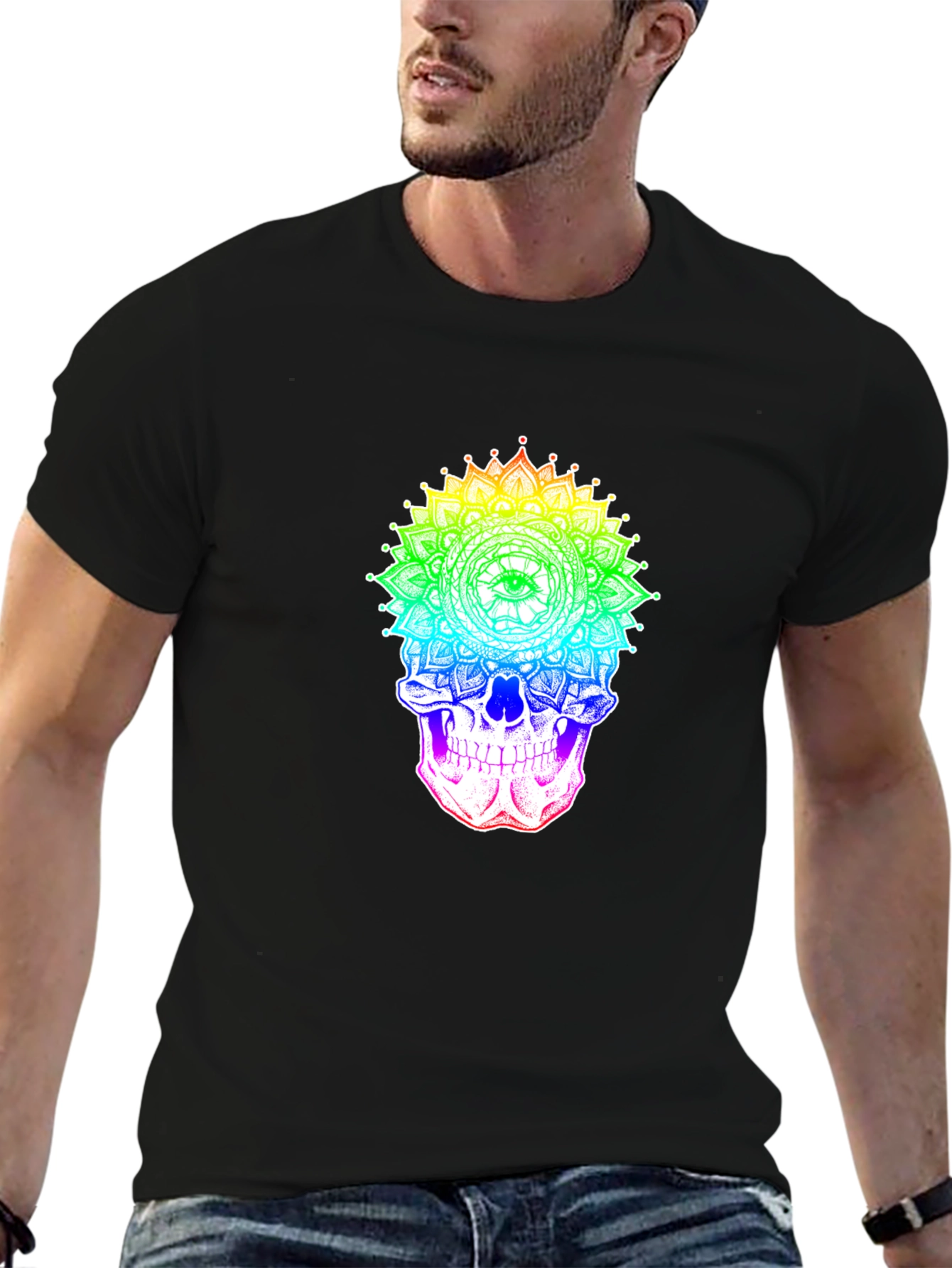 Rainbow Skull Mandala Graphic T-Shirt - Unique Design