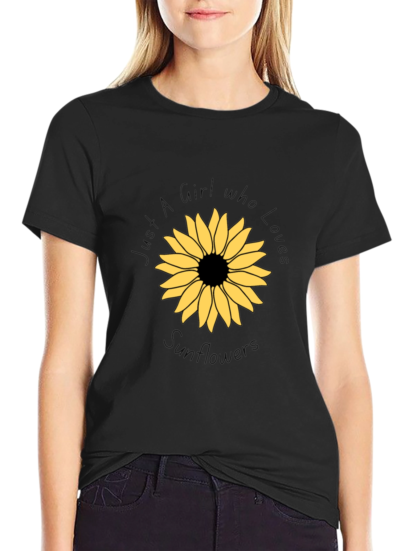 Sunflower Graphic Black Tee - Girl Who Loves Sunflowers