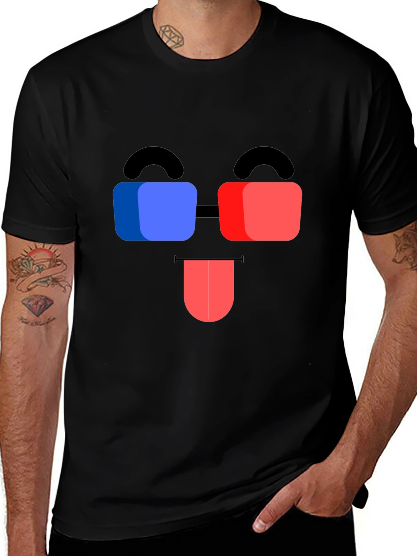 Funny 3D Glasses Face Black T-Shirt