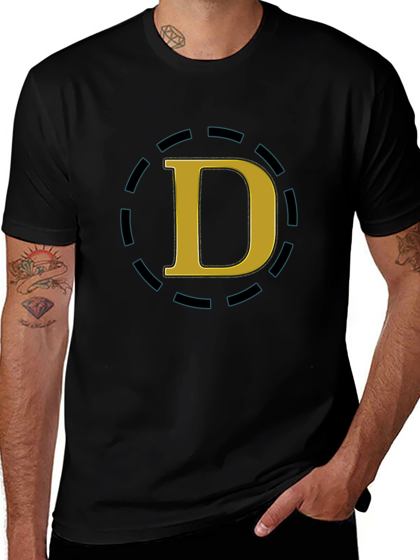 Stylish Black Tee with Gold D Graphic Design