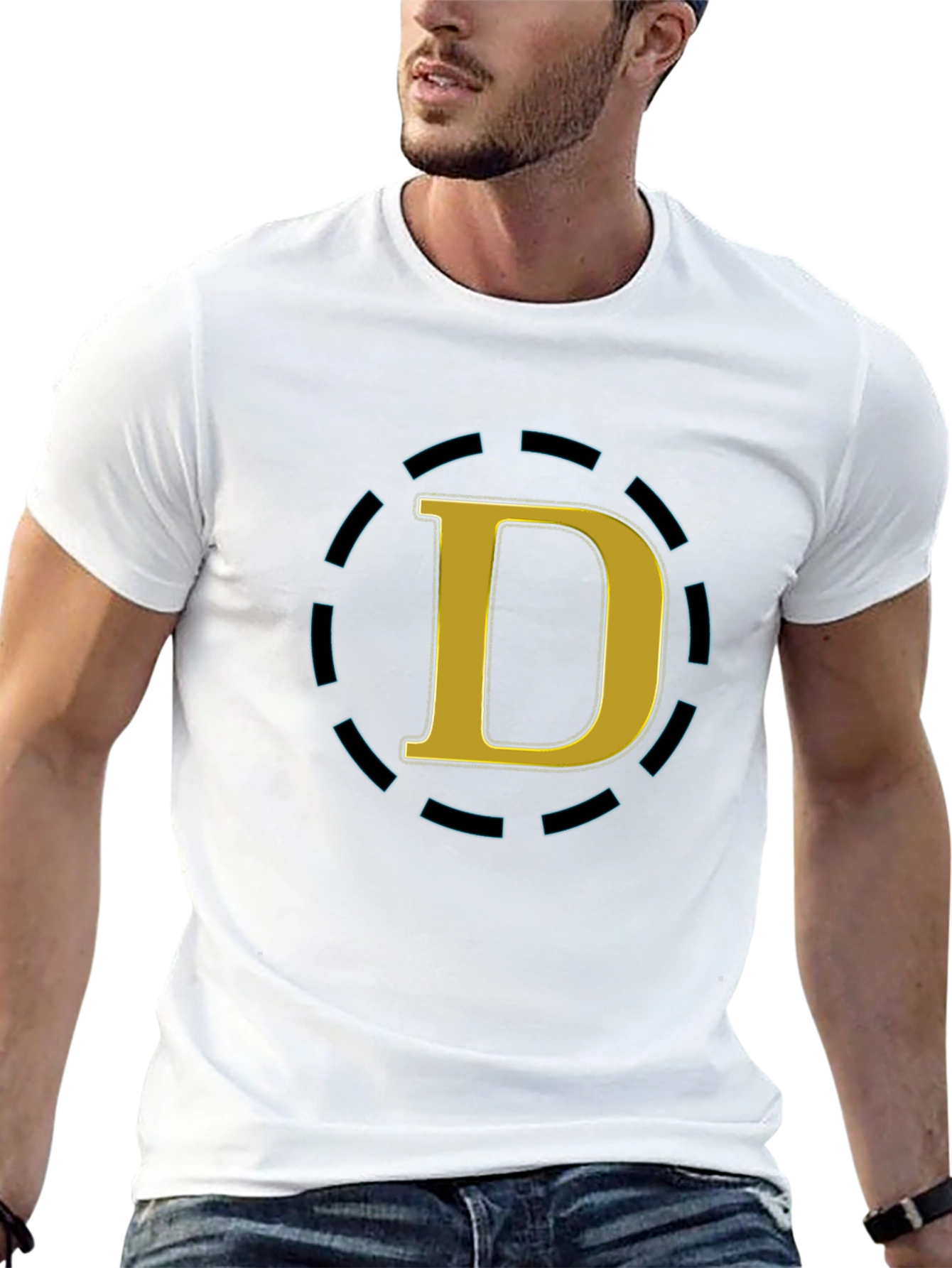 Stylish Black Tee with Gold D Graphic Design