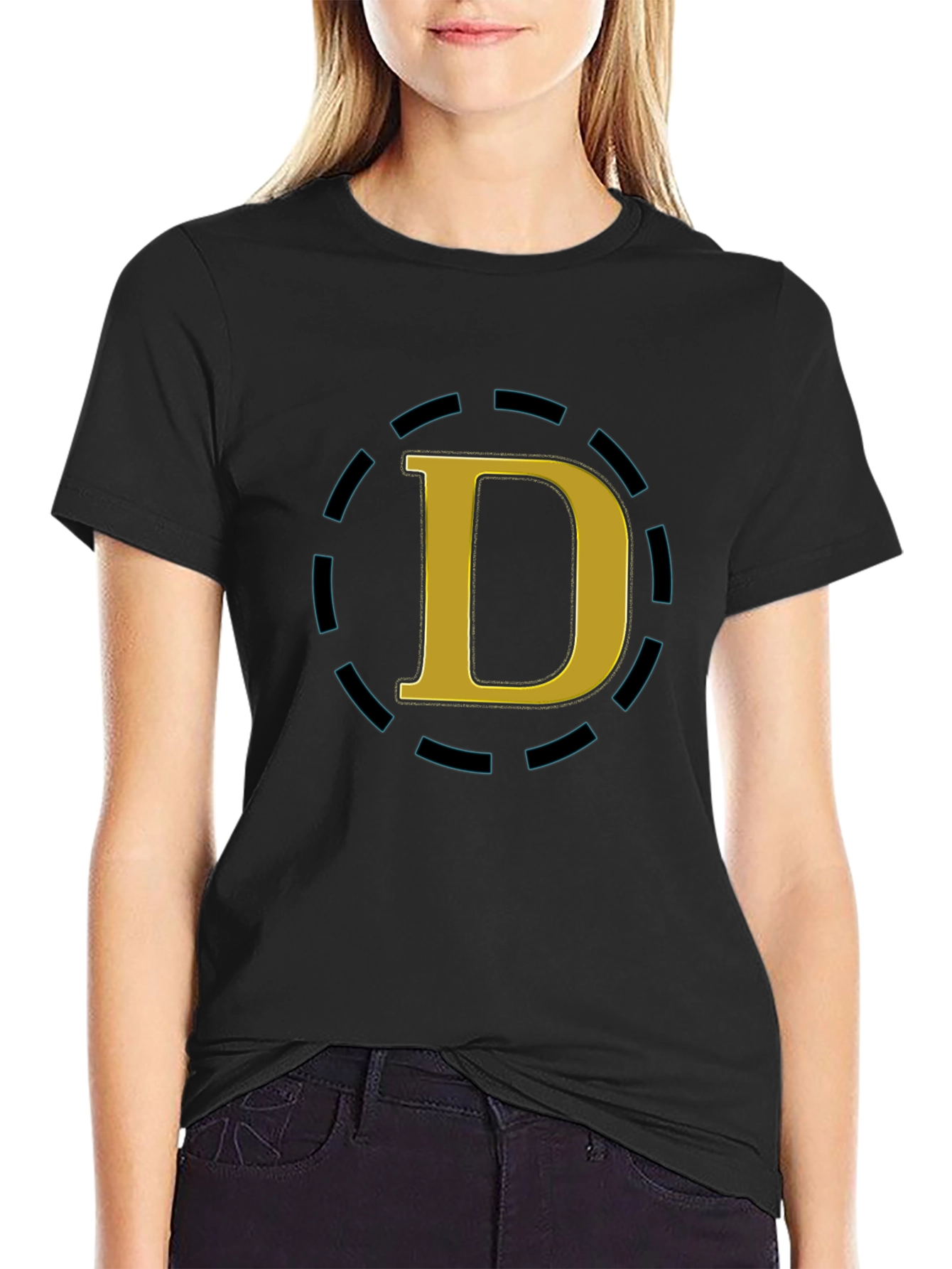 Stylish Black Tee with Gold D Graphic Design