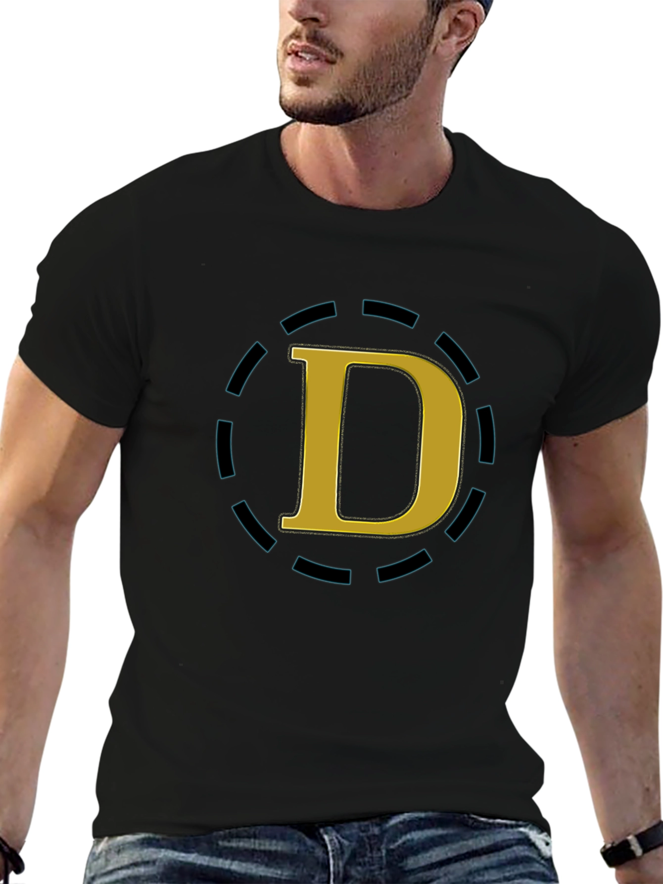 Stylish Black Tee with Gold D Graphic Design