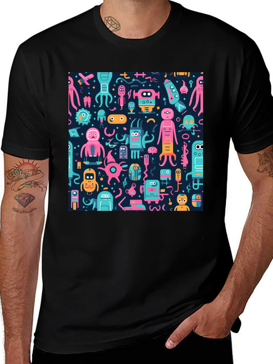 Funky Alien Robot Print Black Tee