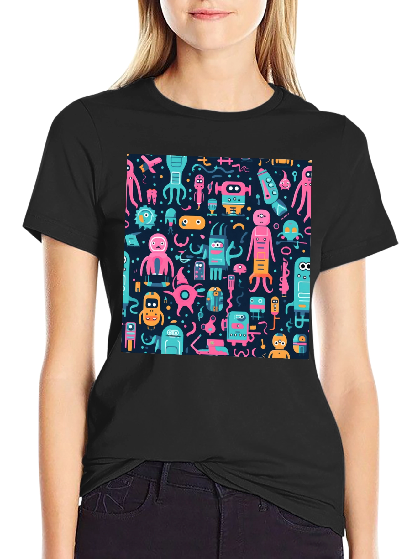 Funky Alien Robot Print Black Tee