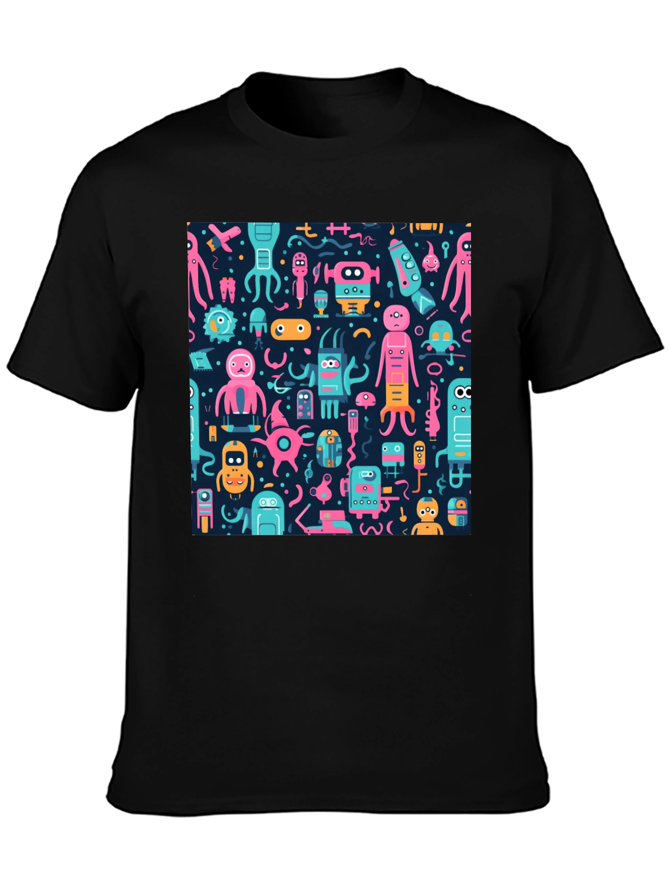 Funky Alien Robot Print Black Tee