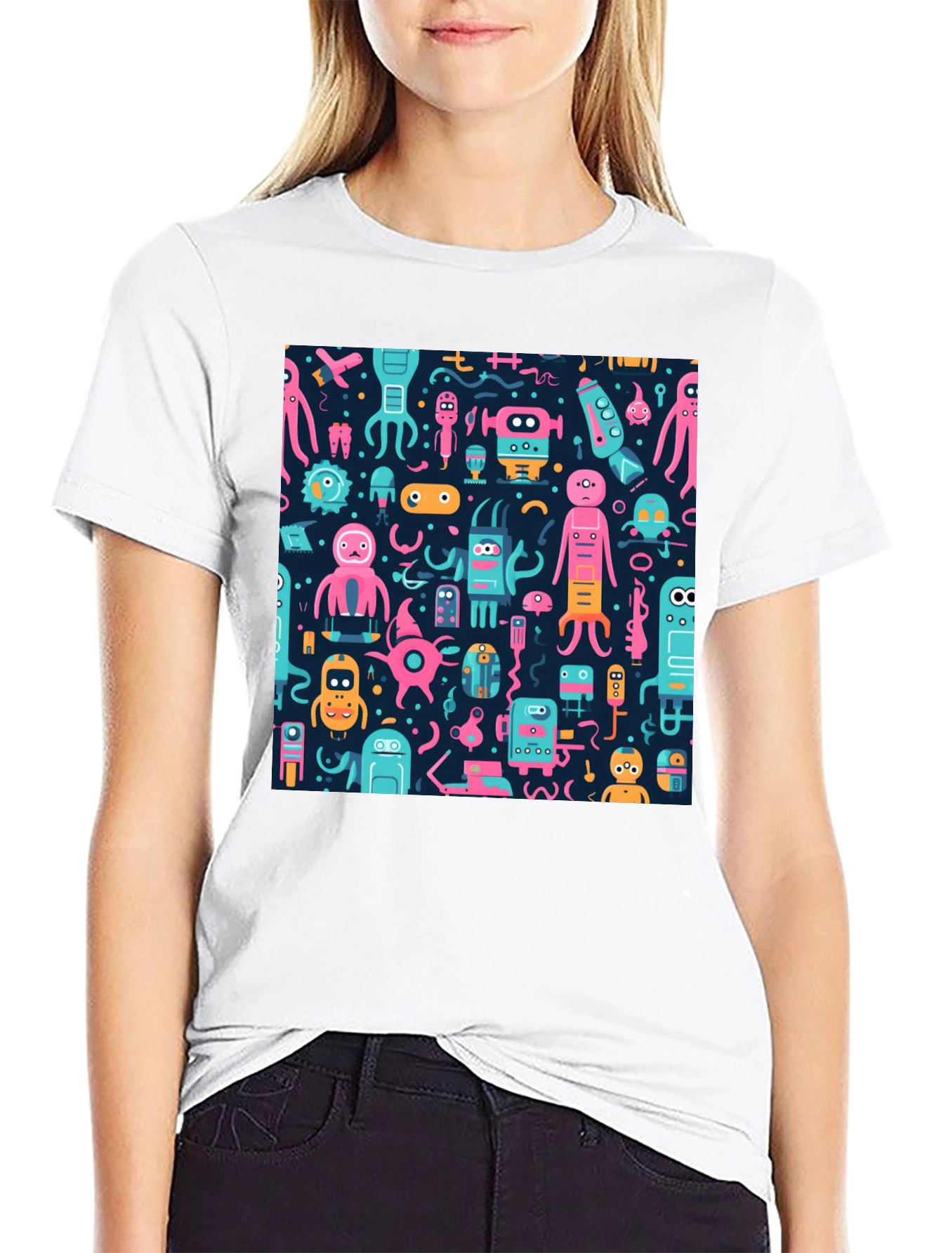 Funky Alien Robot Print Black Tee