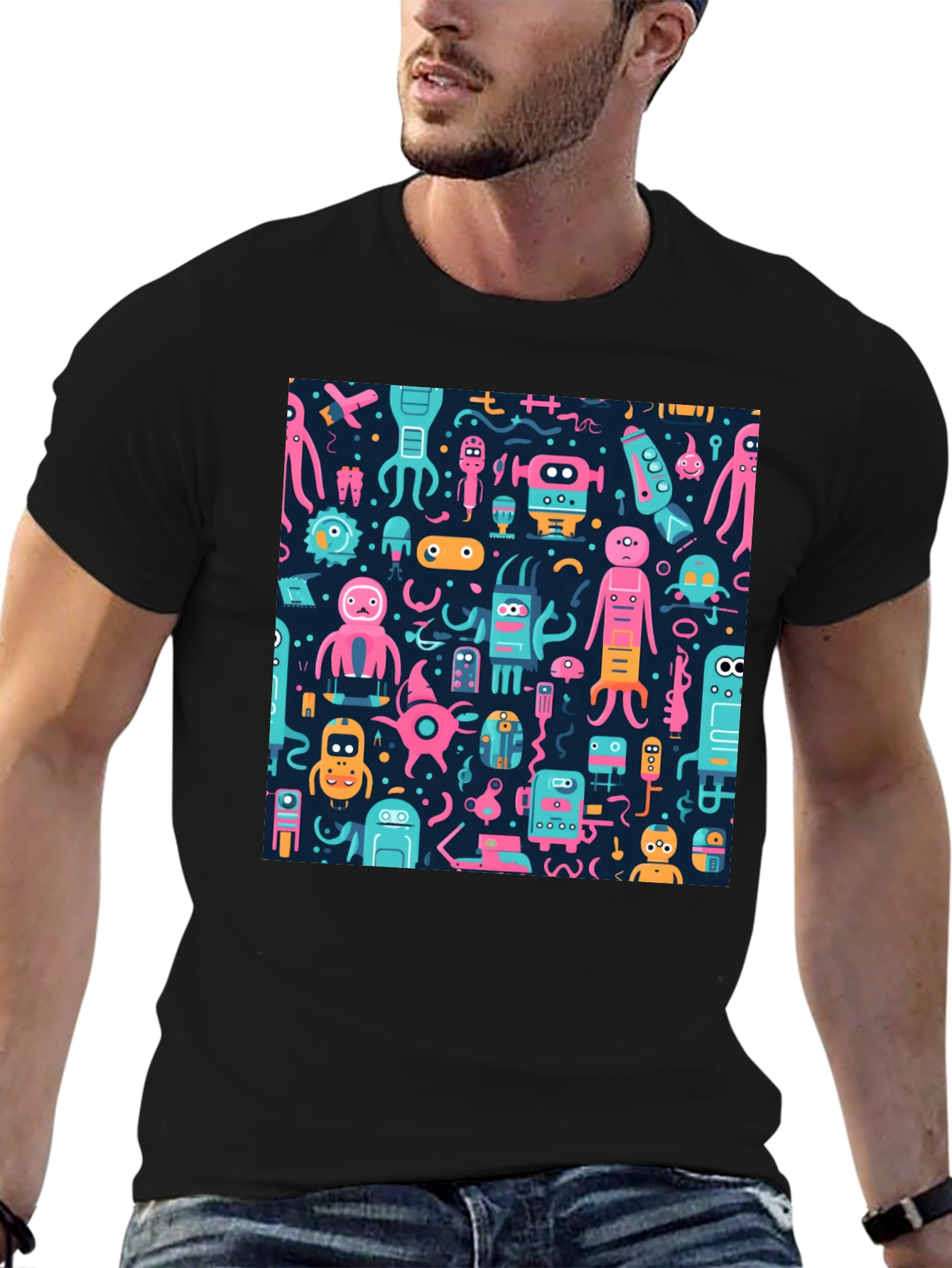 Funky Alien Robot Print Black Tee